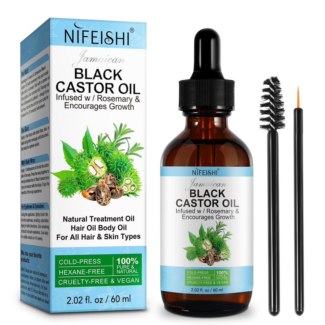 ISUNRISE Castor Oil Cold Pressed Unrefined Glass Bottle, 100% Pure & Natural, Castor Oil with Rosemary for Hair Growth, Eyelashes, Nails Care, Relief Face Body Moisturizer 2.02 Fl Oz