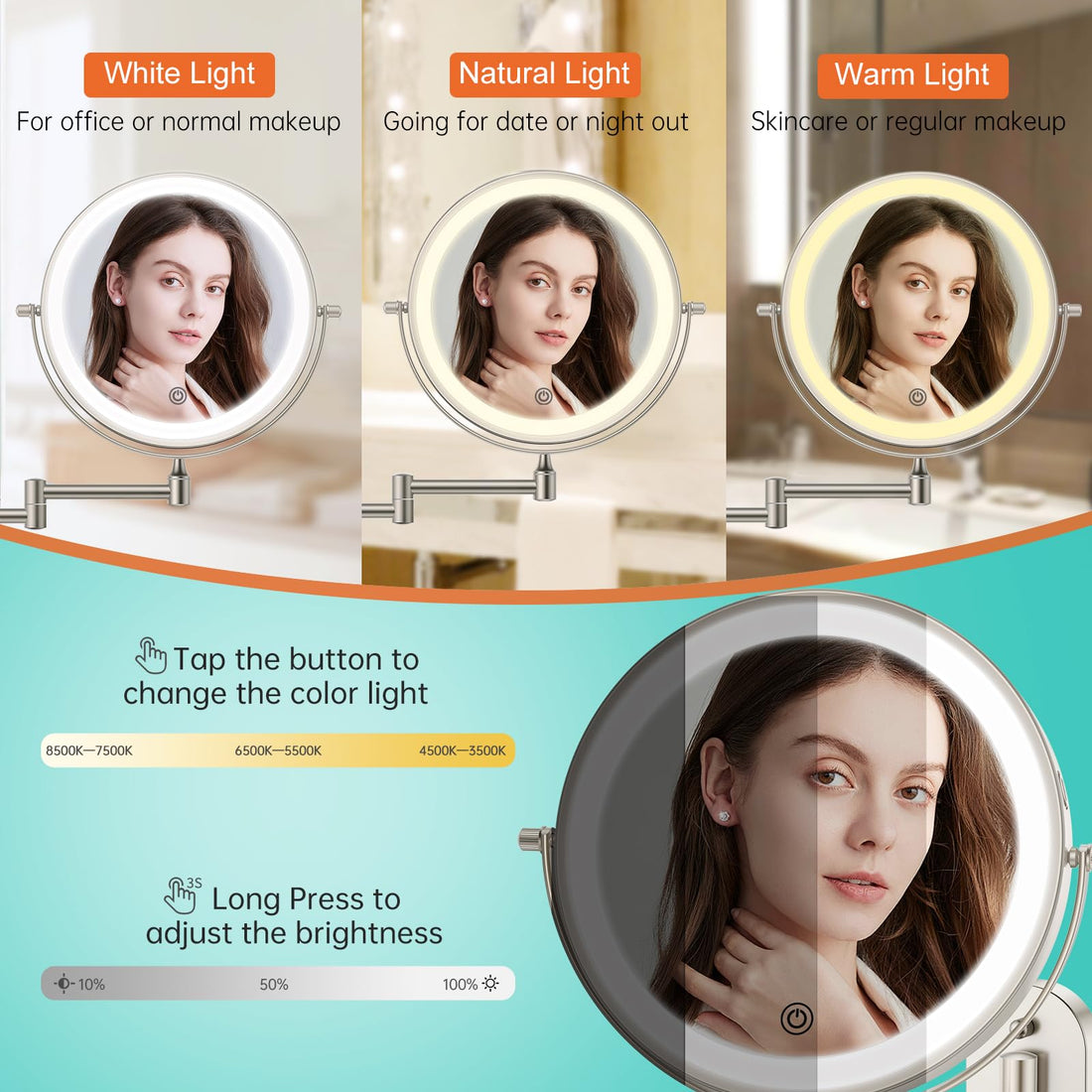 Rechargeable Wall Mounted Lighted Makeup Vanity Mirror 8 Inch Double Sided 1X 10X Magnifying Bathroom Mirror, 3 Color Lighting, Touch Screen Dimming, Extended Arm 360 Rotation Shaving Light up Mirror