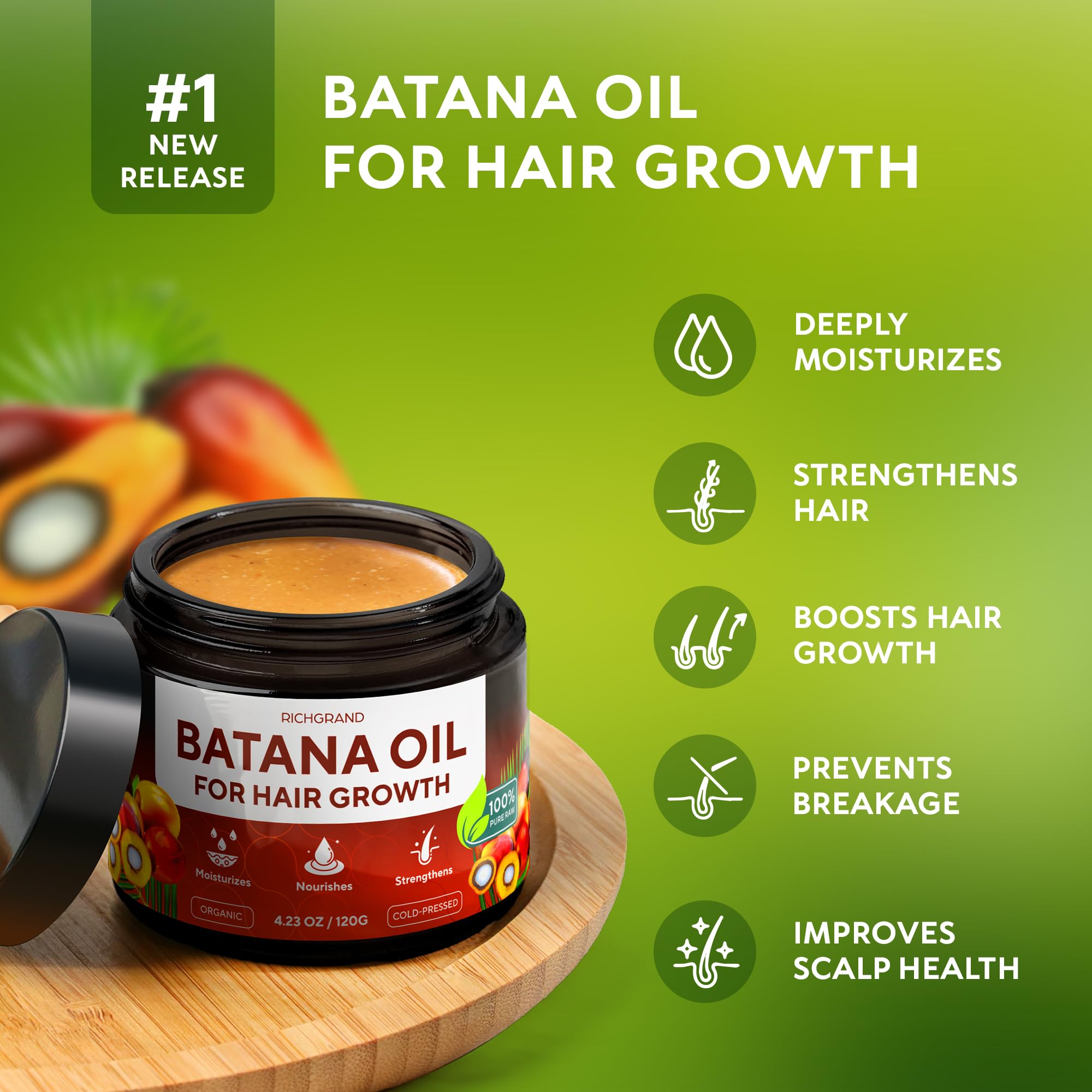 Batana Oil for Hair Growth - 100% Raw & Organic Dr Sebi Batana Oil - Cold-Pressed & Pure Unrefined Batana Hair Mask for Women & Men - Enhances Hair Thickness, Prevents Loss, Repairs Split Ends