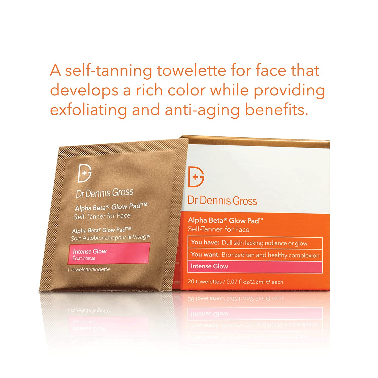 Dr Dennis Gross Alpha Beta Glow Pad Self Tanner, Intense Glow for Face: for Dull Skin Lacking Radiance & Glow, (20 Towelettes)