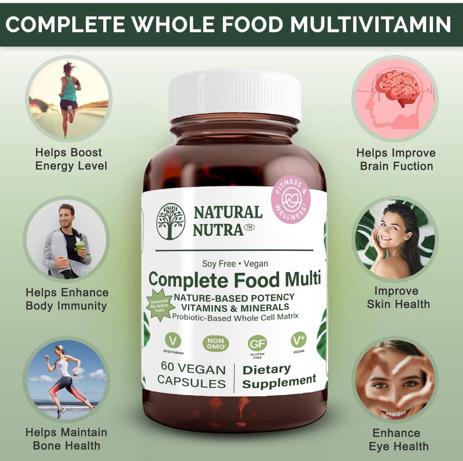Natural Nutra Whole Food Complete Multivitamin and Mineral for Women and Men, Energy Booster, Helps Maintain Bone Health Supplement, Improves Brain Function and Skin, Help Enhance Immunity 60 Capsules