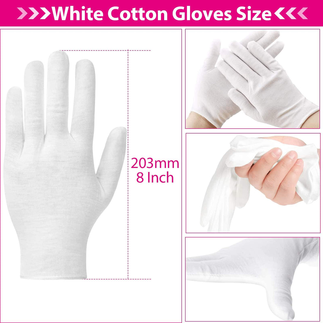 20 Pairs Cotton Gloves for Dry Hands, Paxcoo White Cotton Gloves for Eczema, Cosmetic Moisturizing and Jewelry Inspection, Medium Size