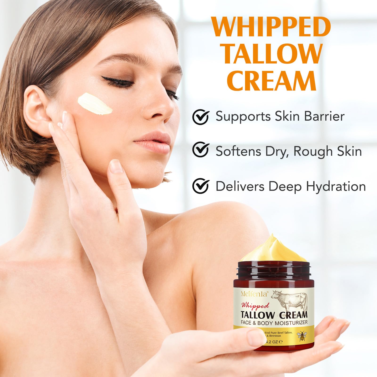 Meifenla Beef Tallow for Skin, Tallow and Honey Cream Natural Tallow Face Moisturizer, Organic Hydrating Beef Tallow Balm Deeply Moisturizing for Face & Body Skin Care