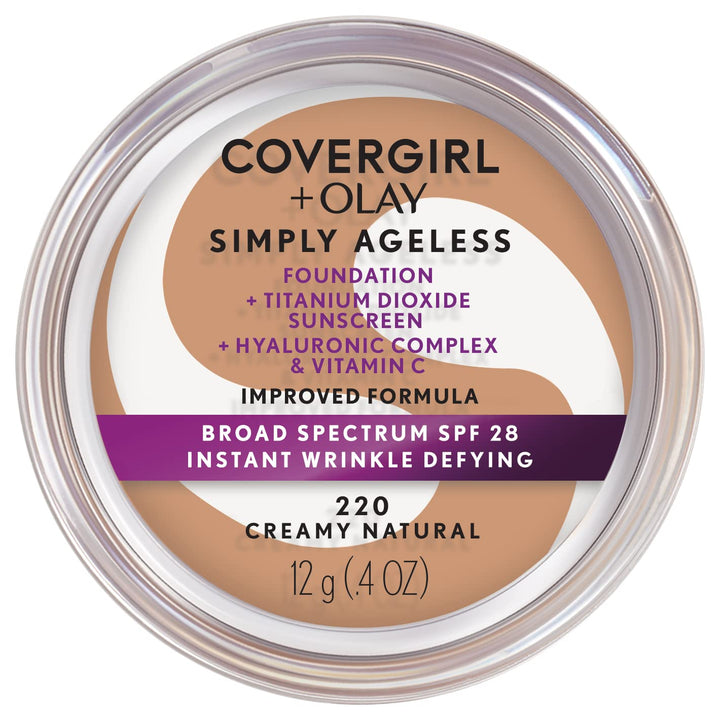 COVERGIRL & Olay Simply Ageless Instant Wrinkle Defying Foundation Creamy Natural 0.4 Ounce Pot, Foundation Plus Titanium Dioxide Sunscreen SPF 28 (packaging may vary)