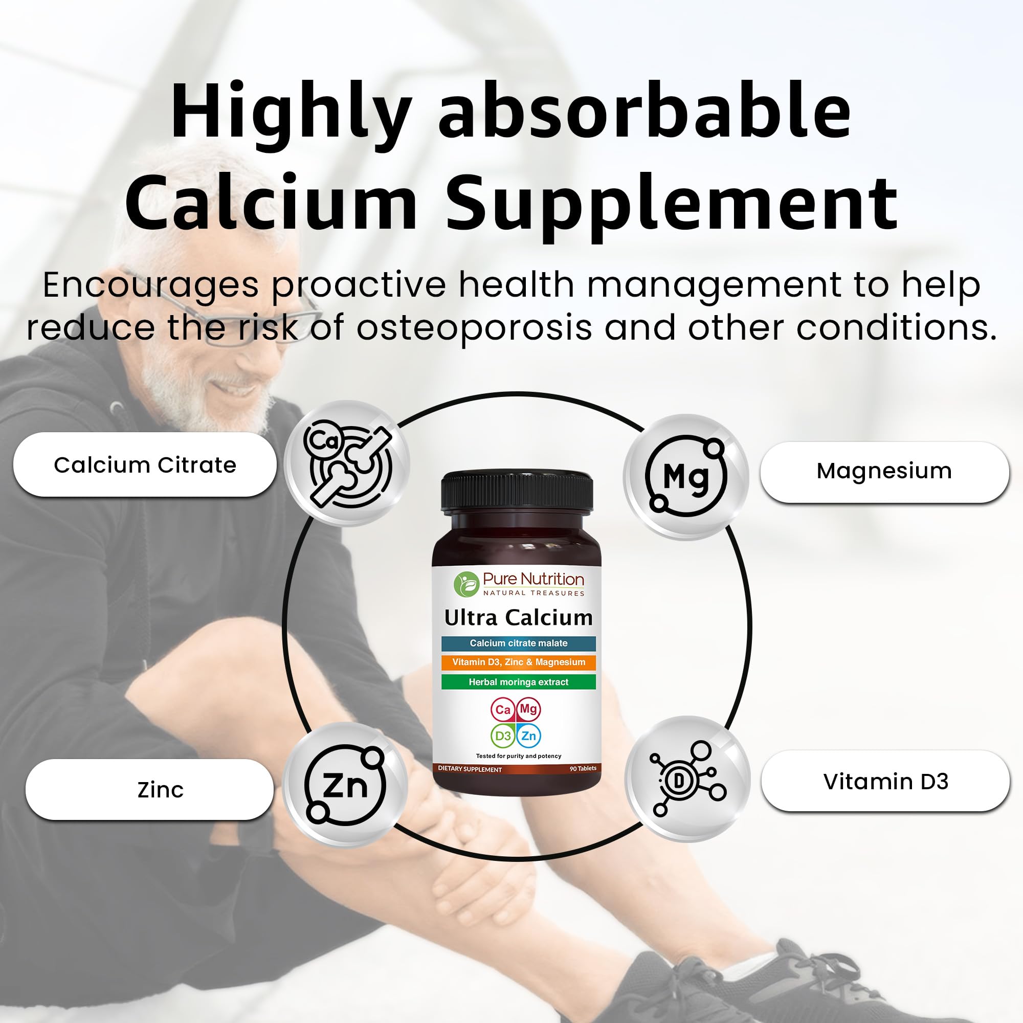 Pure Nutrition Ultra Calcium Citrate 1000mg Highly absorbable Calcium Supplement with Calcium Citrate Malate, Vitamin D, Zinc and Magnesium - 1 Tablet Daily (90 Veg Tabs) Non-GMO | Gluten-Free