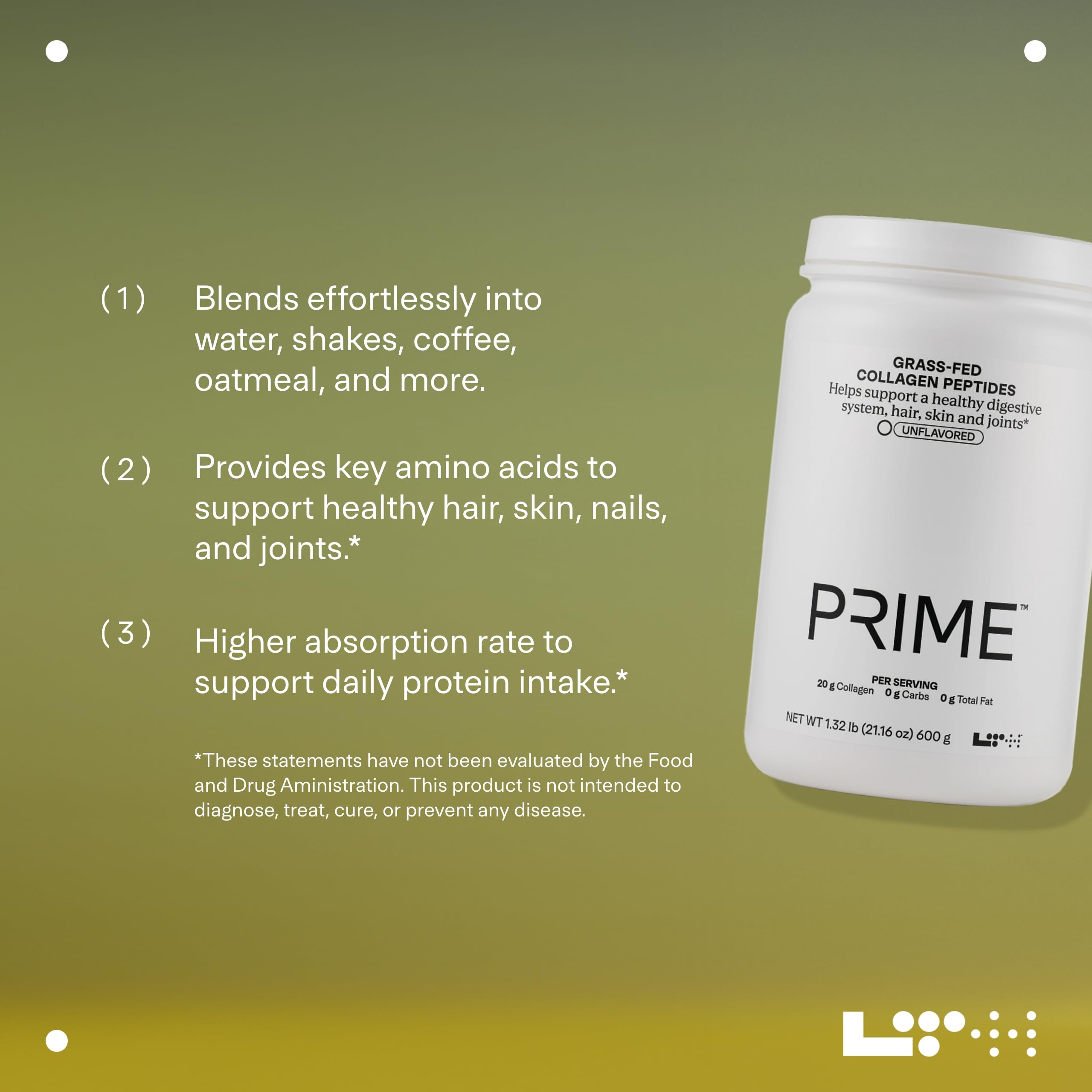 LTH Prime Collagen Peptides - Premium Collagen Powder for Digestive Health - Supports Healthy Joints, Hair, Nails & Skin - Hydrolyzed Collagen from Grass-Fed Cows - Unflavored - 30 Servings