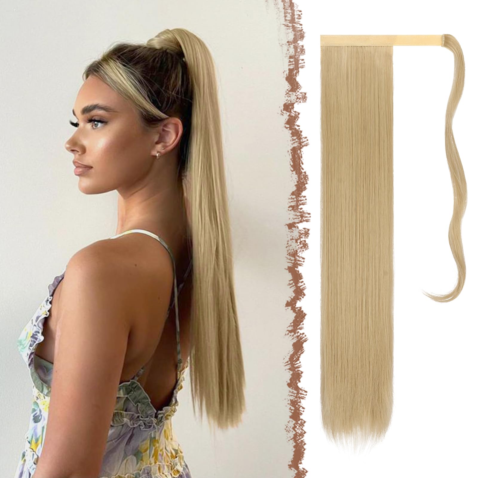 FESHFEN Straight Ponytail Extensions 28 Inch Long Wrap Around Synthetic Hair Piece Clip in Ponytail Hair Extensions Hairpiece for Women Girls 150g