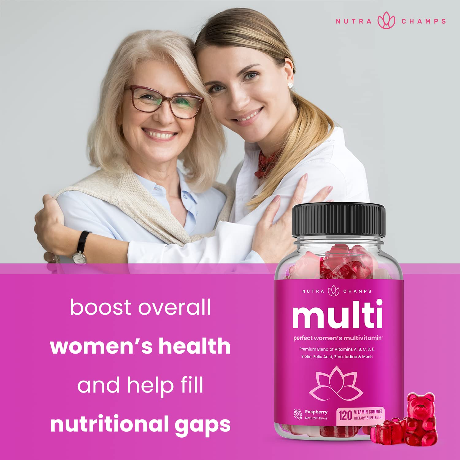 NutraChamps Multivitamin for Women, 240 Count, Vitamins A, B, C, D, E, Biotin, Folic Acid, Womens Gummy Multivitamins, Chewable Daily (Pack of 2)