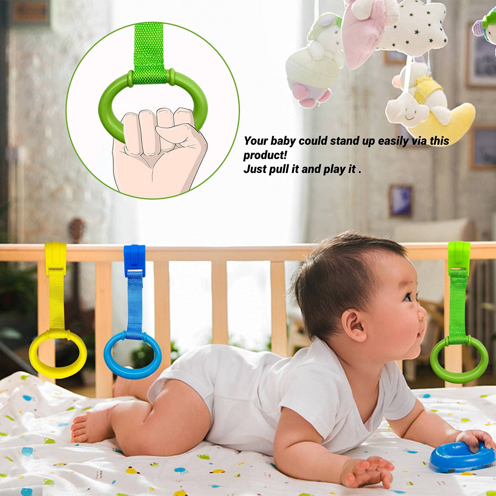 codree 8PCS 4 Colors Baby Playpen Pull up Rings- Baby Crib Pull up Rings- Baby Walking Exercises Assistant Rings- Baby Bed Stand Up Rings Baby Cot Hanging Rings for Infant Baby Toddler
