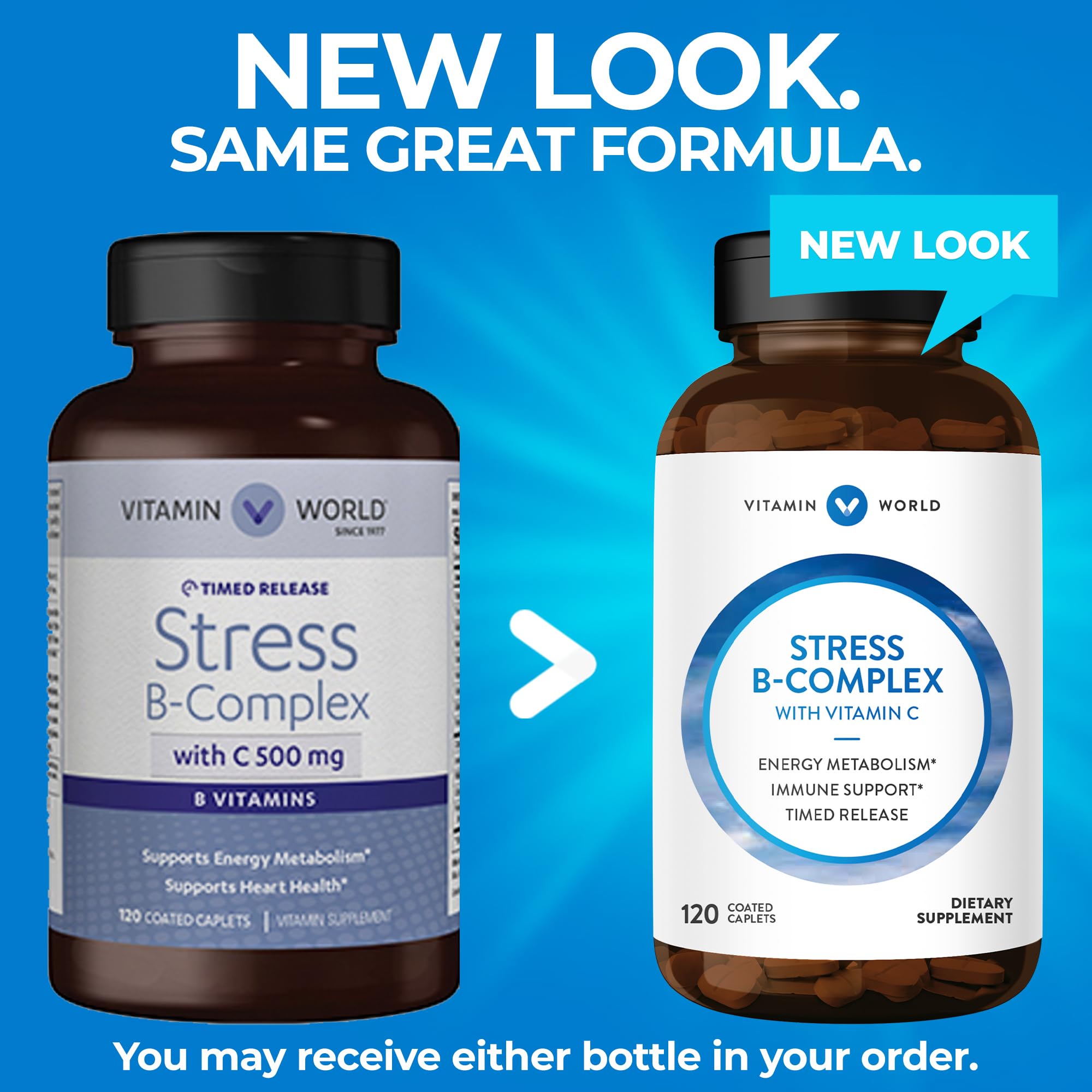 Vitamin World Stress B-Complex with 500 mg. Vitamin C Timed Release 120 Caplets, Vegetarian, Coated, Timed-Release