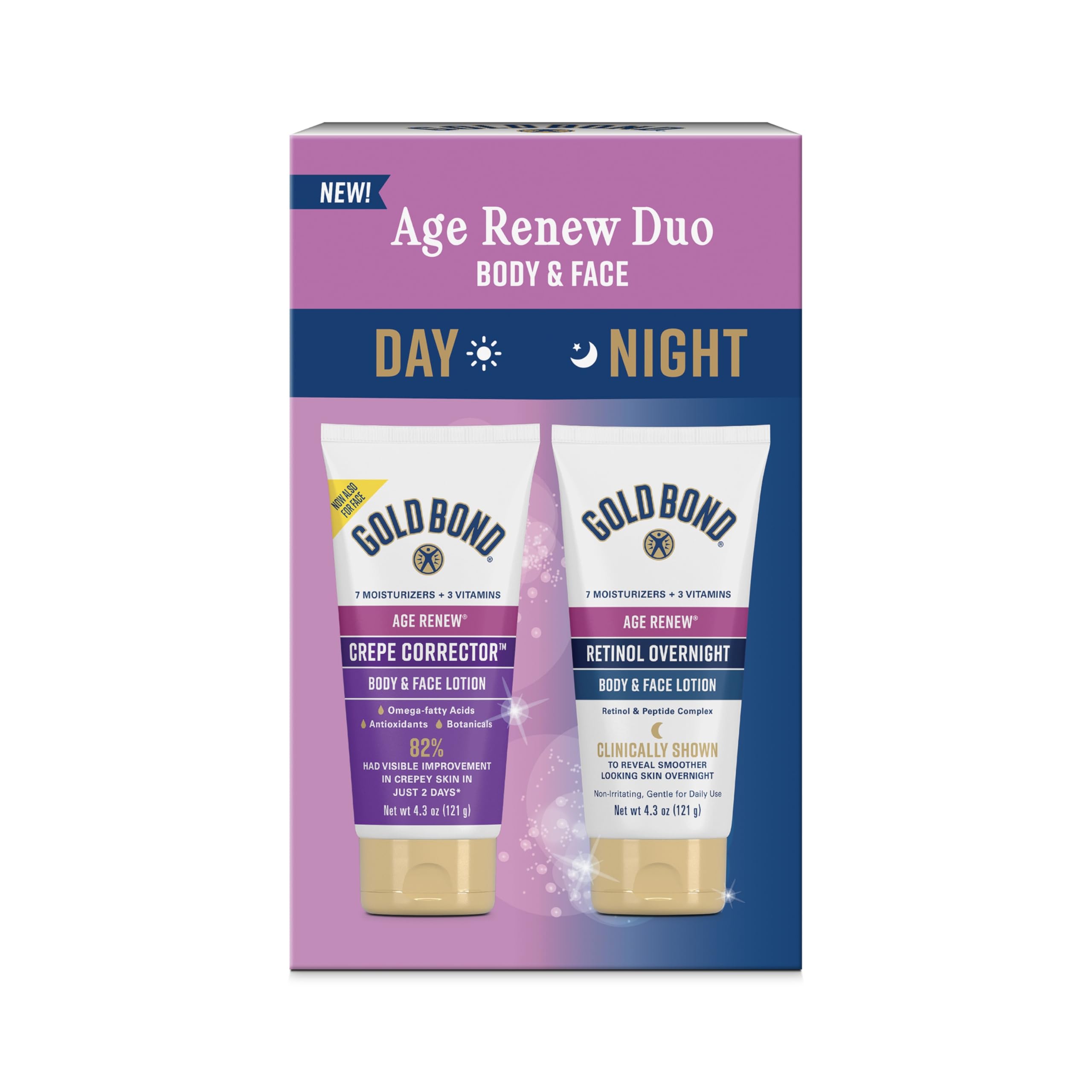 Gold Bond Age Renew Day & Night Duo Lotion Set for Body & Face, Crepe Corrector Lotion, Visibly Firms Skin Retinol Overnight Lotion, Visibly Smooths Skin, 8.6 oz.