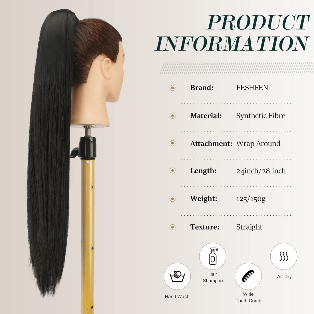 FESHFEN Straight Long Ponytail Extensions 28 Inch Wrap Around Synthetic Hair Piece Pony Tail Hair Extensions Hairpieces for Women Girls