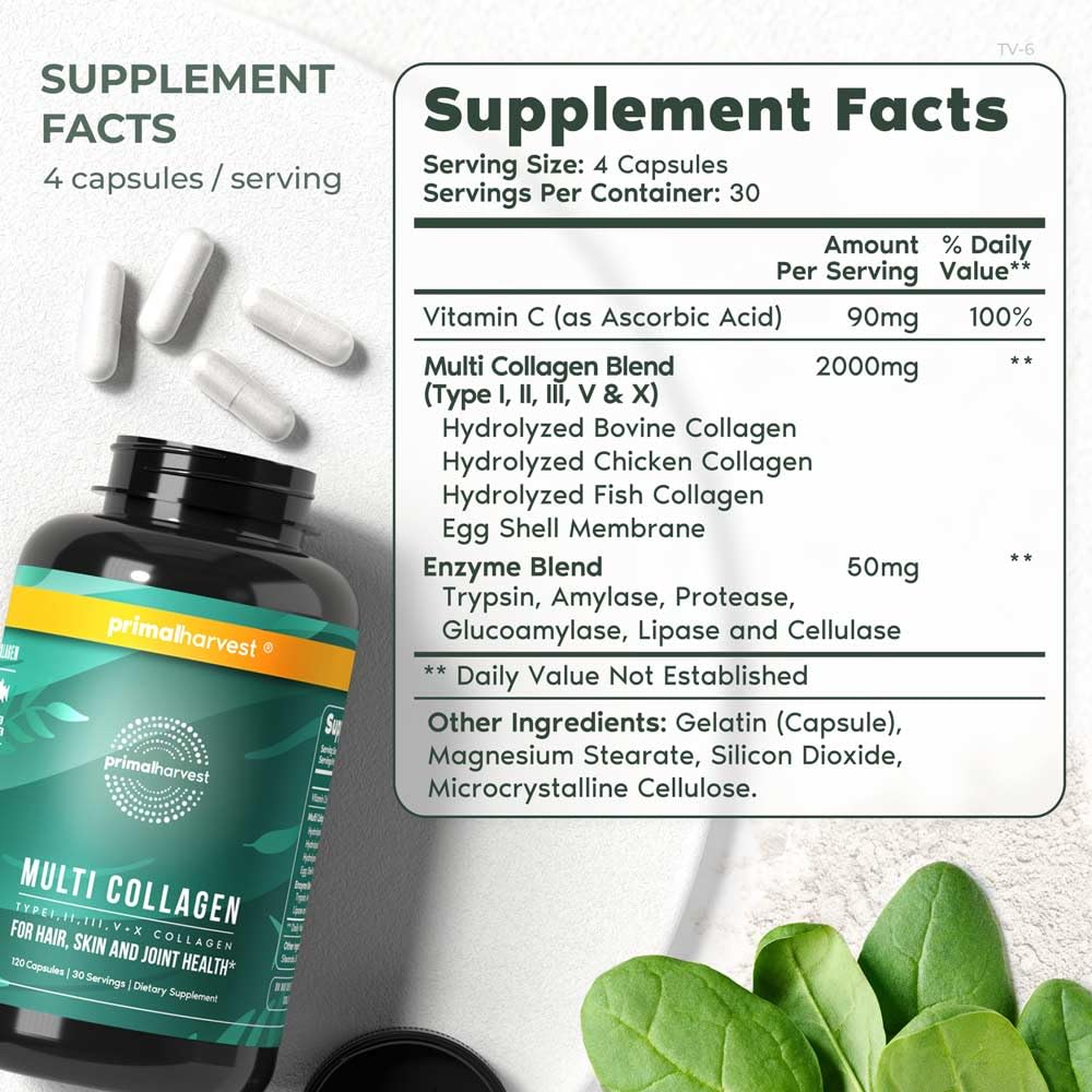 Primal Harvest Multi Collagen Pills for Women and Men (Type I, II, III, V, X) 120 Capsules w/Vitamin C for Hair, Skin, Nails