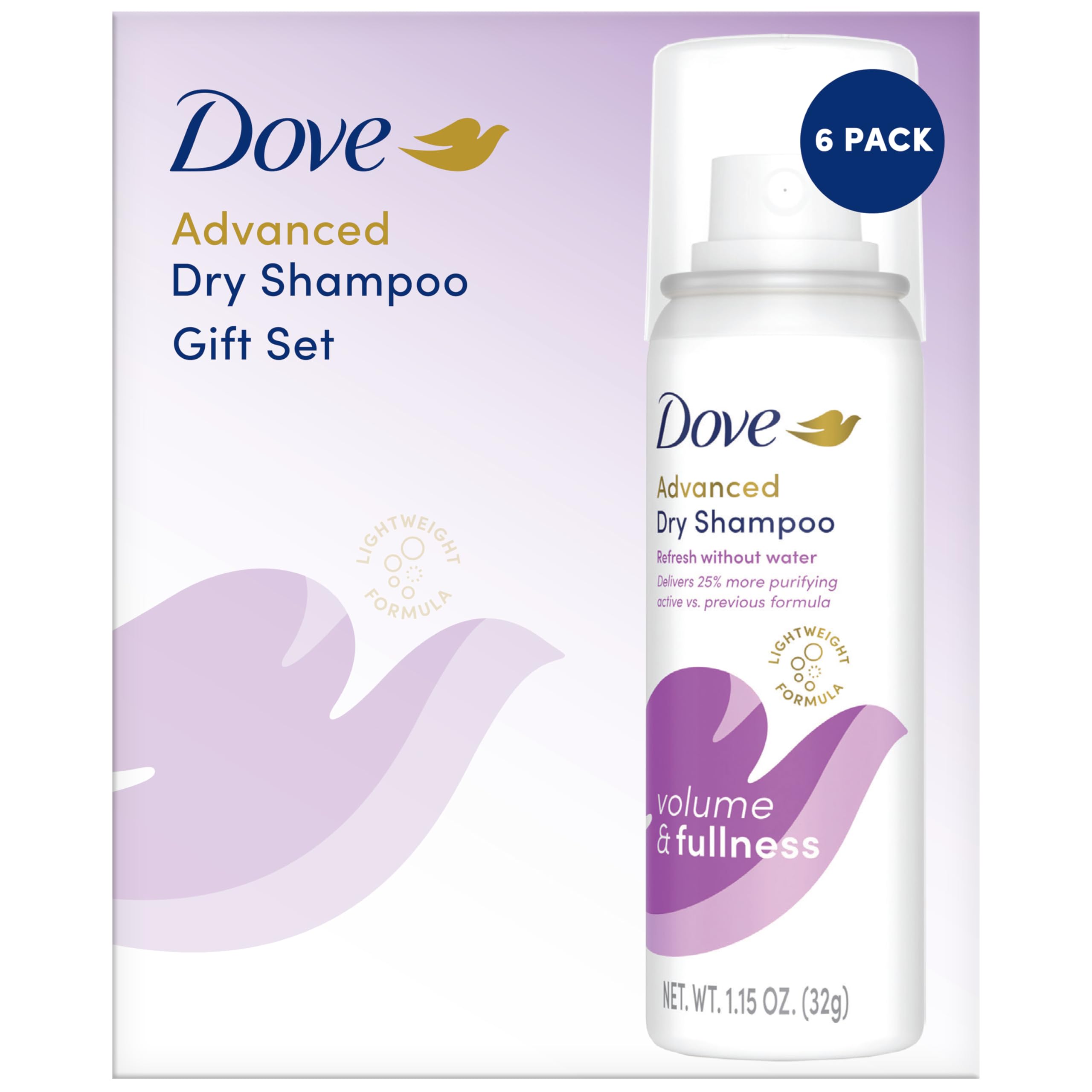 Dove Advanced Dry Shampoo, Travel-Size, Volume & Fullness, 6-Pack, Travel Essentials, 1.15 Oz Ea