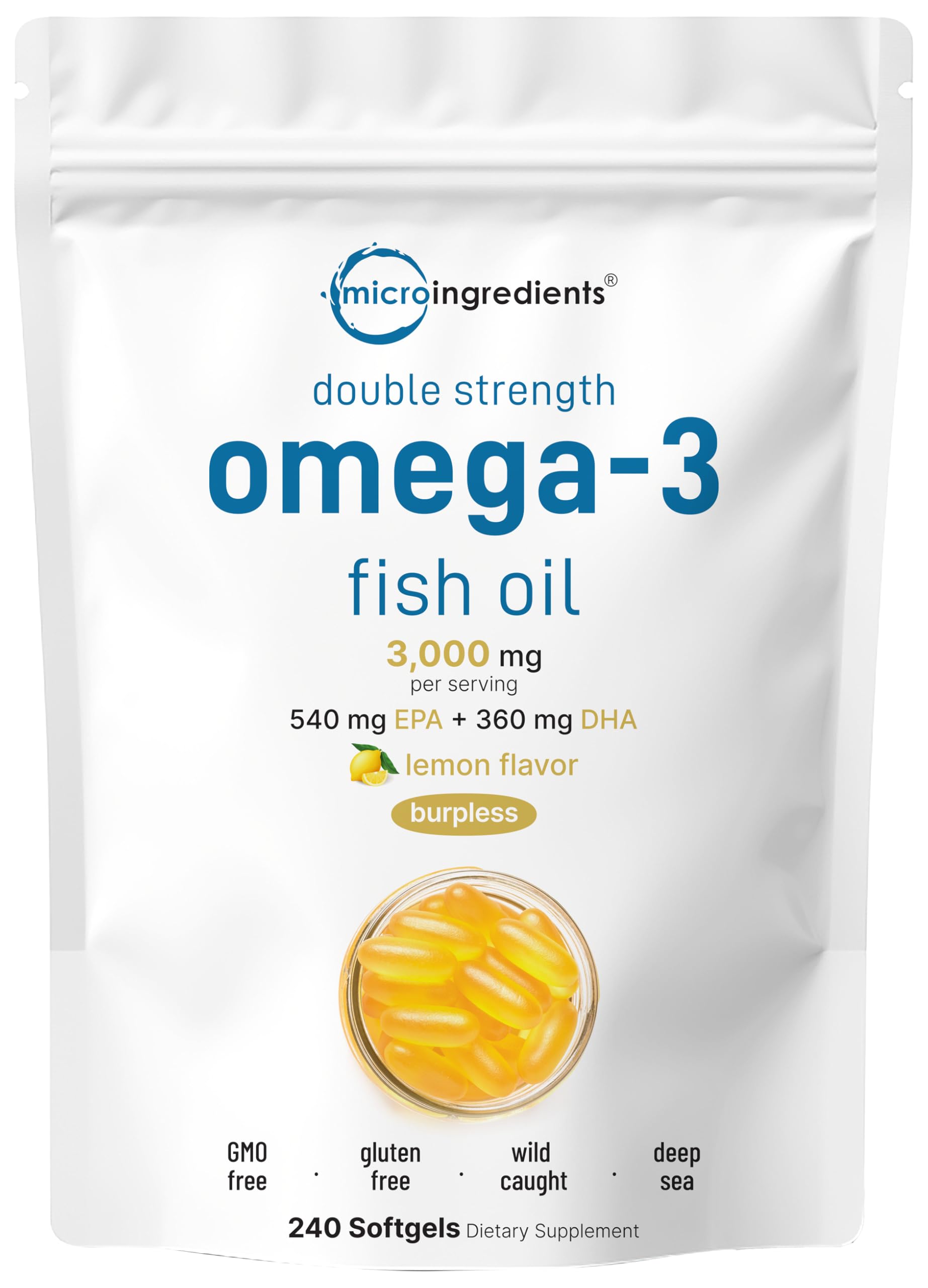 Omega 3 Fish Oil Supplements 3,000mg Per Serving, 240 Softgels | Lemon Flavored – Burpless | EPA 540mg + DHA 360mg | Heart & Brain Support | Deep Sea Fish