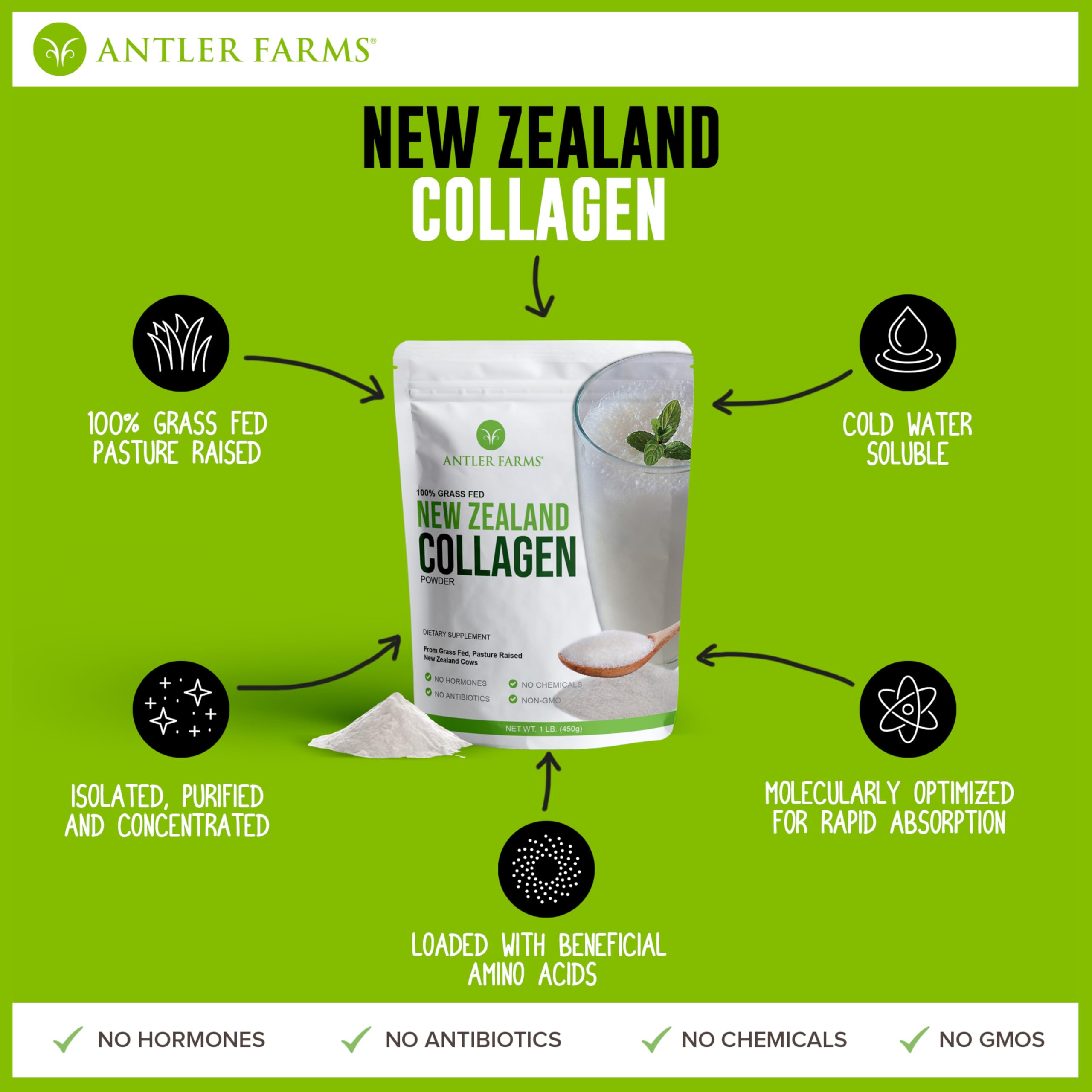Antler Farms - 100% Pure New Zealand Collagen Powder from Grass Fed Cows, Unflavored, 1 lb - Hydrolyzed Cold Water Soluble Peptides, Keto Friendly, Bioavailable, Quick Dissolving