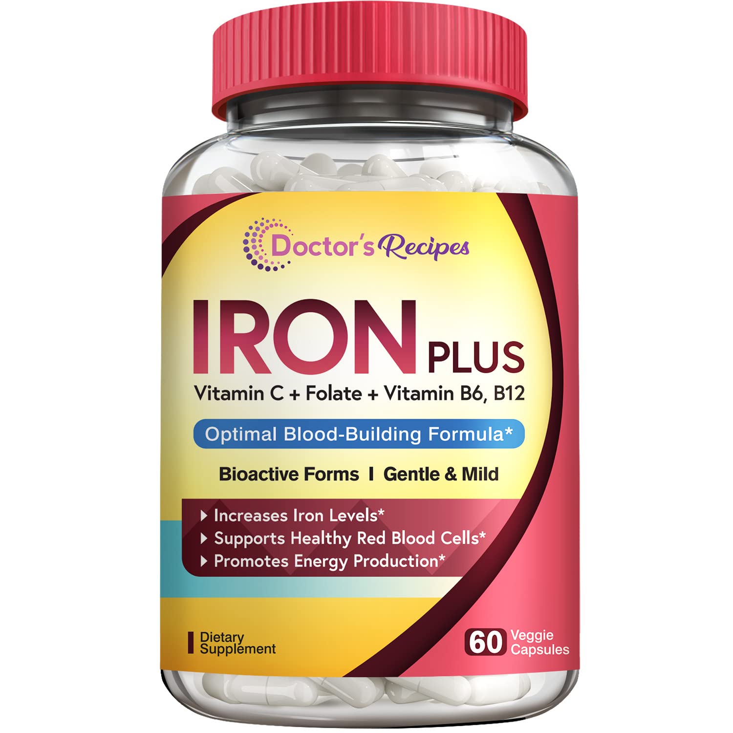 Doctor's Recipes Iron Supplement, Iron Bisglycinate with Vitamin C, B6, Folate & B12, Non-Constipating, Stomach Friendly, Gentle Iron Pills for Iron Deficiency, Blood & Energy Support, 60 Vegan Caps