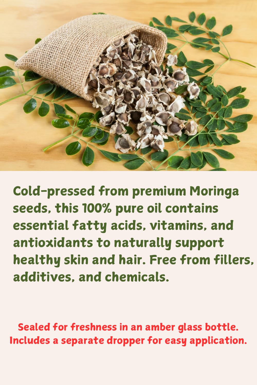 Organic Cold-Pressed Moringa Oil – 100% Pure & Unrefined – Moringa Hydrating Oil for Face, Skin, Hair & Body – Supports Anti-Aging & Youthful Appearance, 4 fl oz Amber Glass Bottle