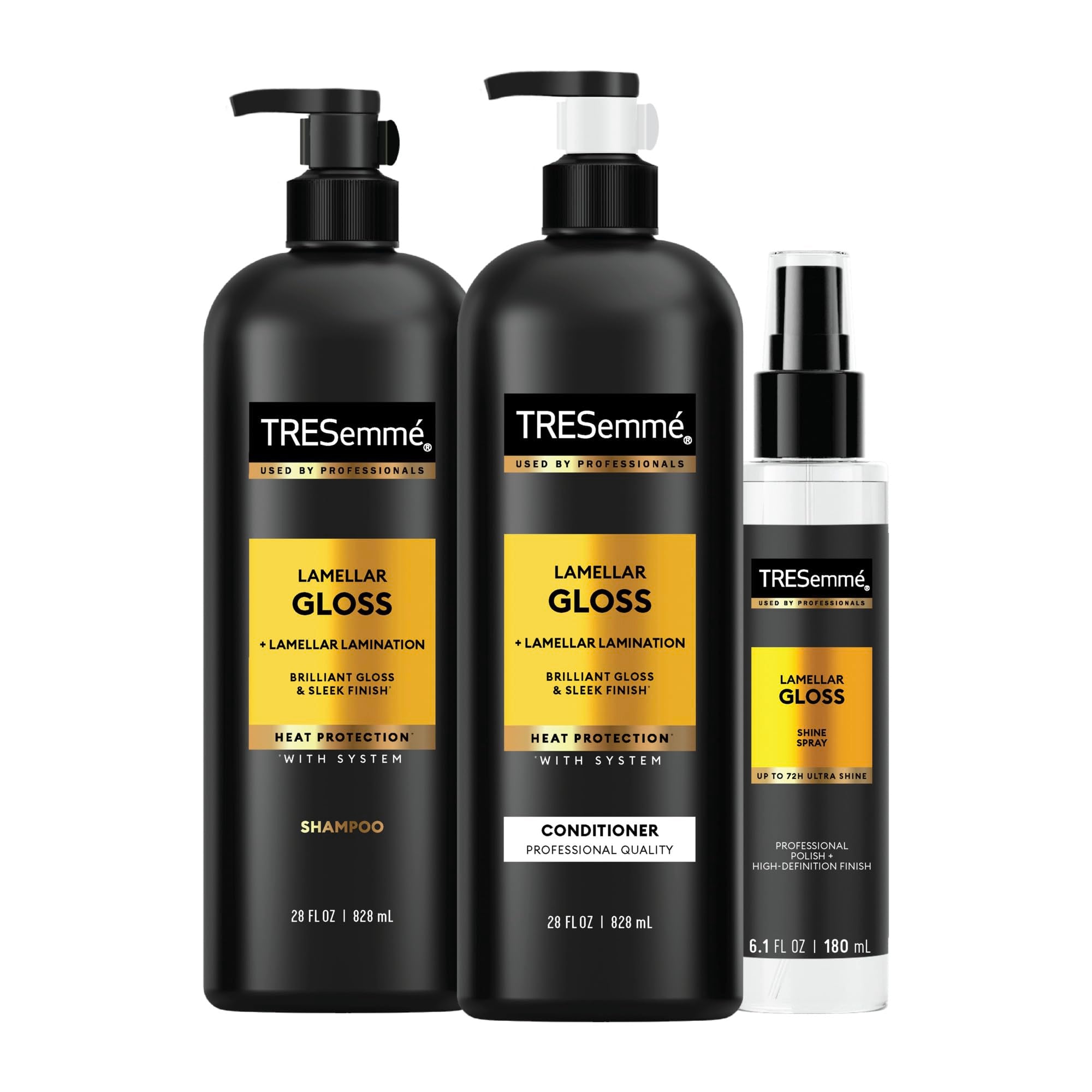 TRESemmé Lamellar Gloss Shampoo, Conditioner and Shine Spray for Brilliant Gloss & Sleek Finish Ultimate Shine with Heat Protection, 3 pack