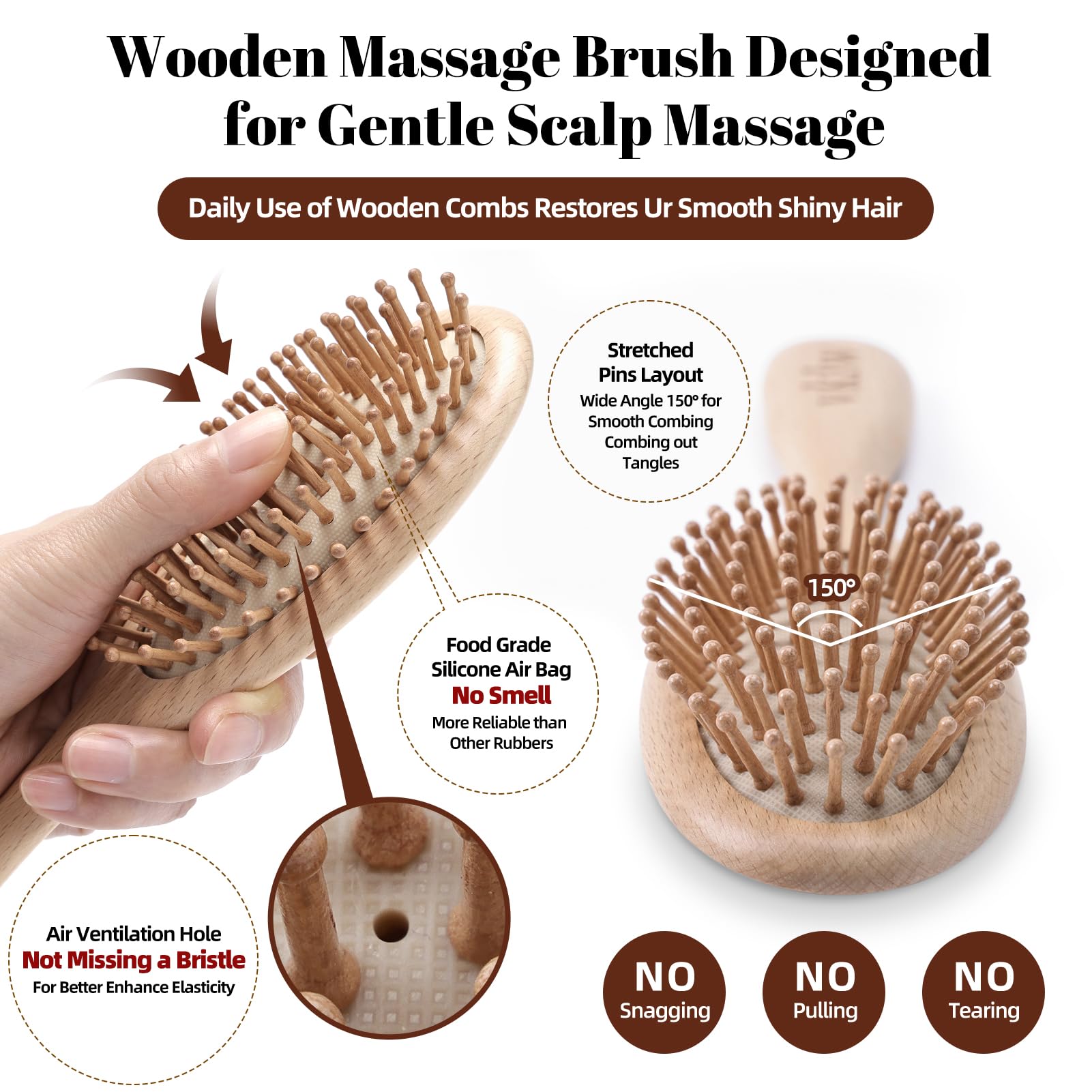Vklw Natural Wood Hair Brush With Wooden Bristles, Massage Scalp Comb And Peach Wood Beard Comb For Men And Women 3 Pcs