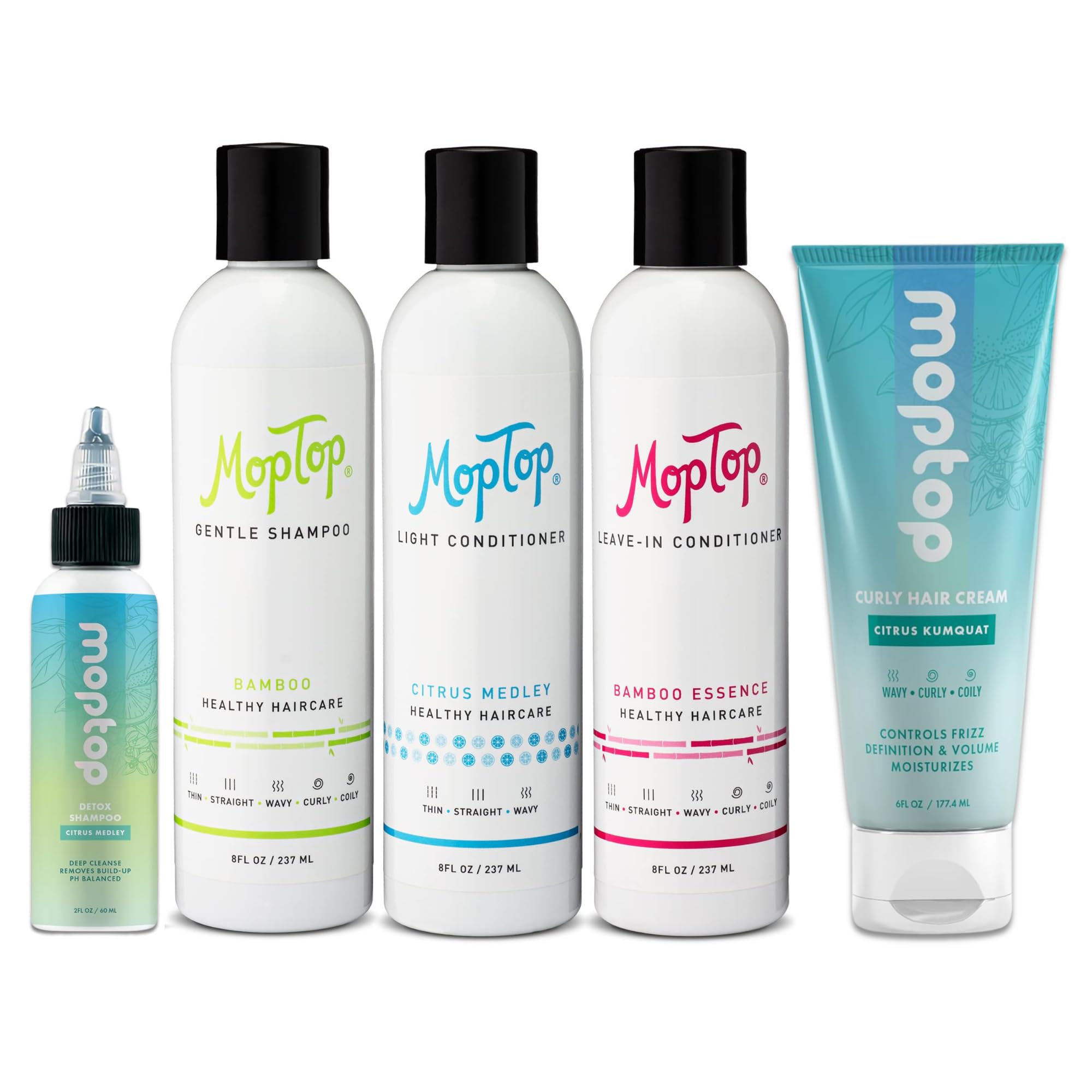 MopTop Wavy Hair Products Set, Treatment Routine For Wavy Hair, 2 oz Detox Shampoo, Gentle Shampoo, Light Conditioner, Leave-in Conditioner & Curly Hair Cream, Moisturizing Lightweight Hold Bundle