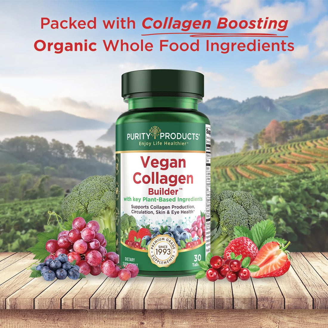 Purity Products Vegan Collagen Builder - Organic Whole Foods Fruits + Veg, Silica, Lutein, Vitamin C, Biotin, Grape Seed - Amino Acids Glycine, Lysine + Proline Collagen Boosters - 30 Tablets