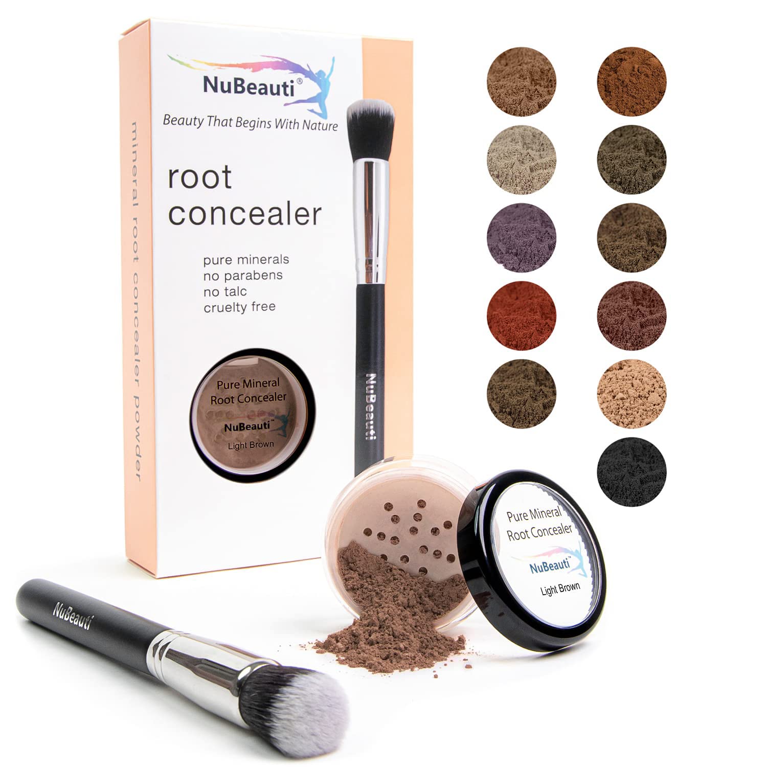Root Concealer Touch Up Powder | All-Natural Crushed Minerals Without Brush | Fast and Easy Total Gray Hair Cover up For Black | Brown | Auburn and Blonde Hair .32 ounce (With Brush, Light Brown)