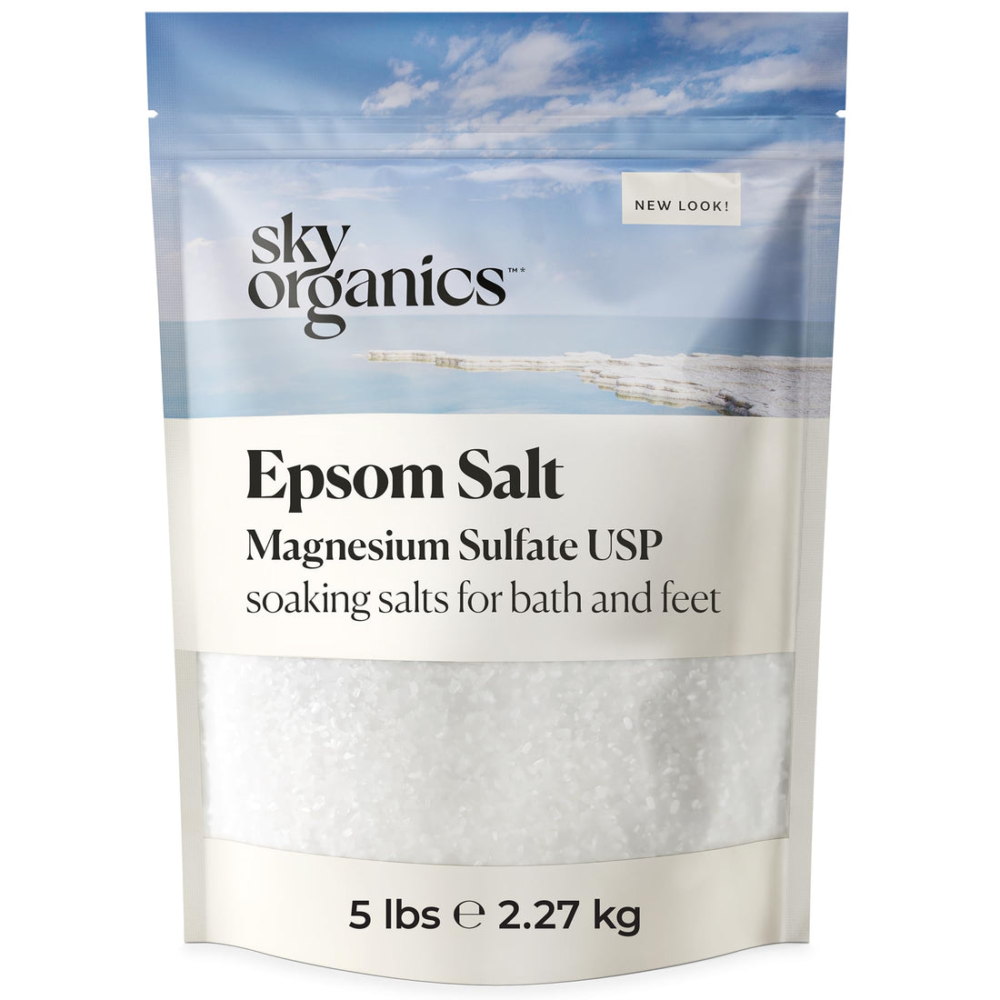 Sky Organics - Epsom Salt Bath Soak, 5 lbs - Magnesium Sulfate USP - 100% Pure, Medium Grain - Unscented - Soaking Bath Salts - Resealable Bag - Natural, Vegan & Cruelty Free - Self Care - Bath & Feet