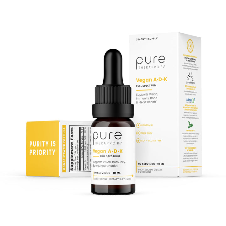 Pure TheraPro Rx Vegan A-D-K Drops 10 Ml, Made in USA | 3 Month Supply | Vitamin A (Palmitate), Liposomal Vitamin D3 (Pureshine), Liposomal Vitamin K2 (MK-4 & MK-7) Supports Immunity & Bone Health