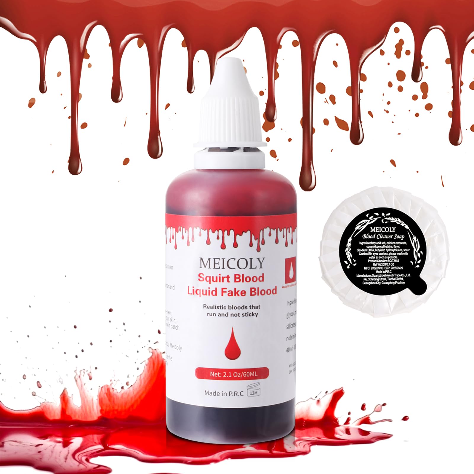 MEICOLY 2.1oz Halloween Fake Blood Makeup- Realistic Sangre Falsa Washable Edible Liquid with 0.7oz Cleaning Soap - Squirt Blood for Clothes,Zombie Vampire Monster,SFX Cut Flesh Wound Makeup - Bright