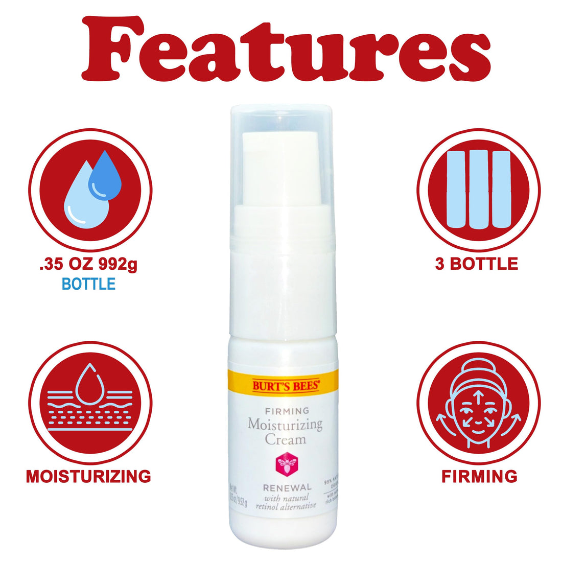 Burt's Bees Renewal Firming Moisturizing Cream, 3-Pack (0.35 oz Each), Hydrating Daily Moisturizer Facial Cream with Bakuchiol Natural Retinol Alternative, Fragrance Free, Travel Size
