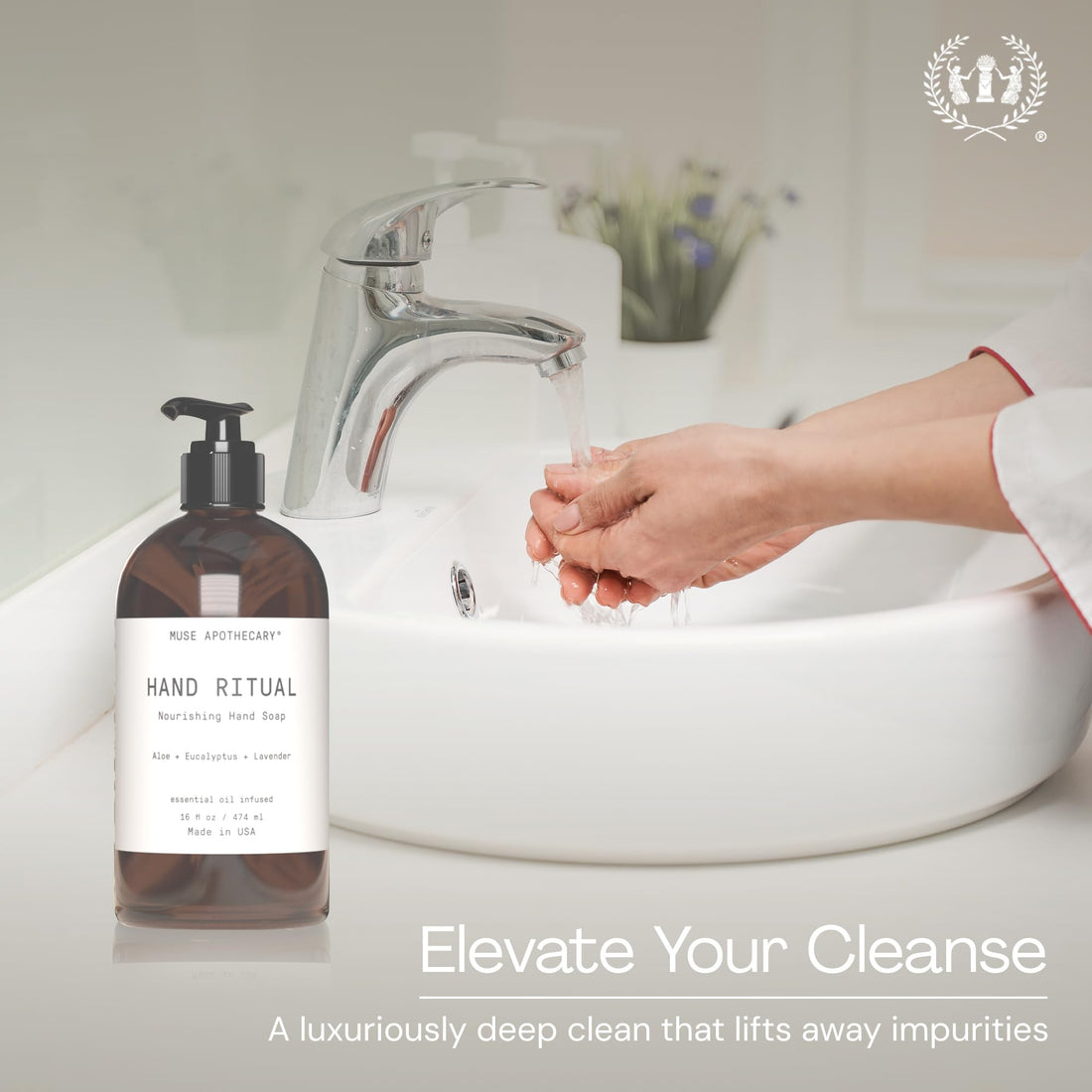 Muse Apothecary Hand Ritual - Aromatic and Nourishing Hand Soap, Infused with Natural Aromatherapy Essential Oils - USDA Certified Biobased - 16 oz, Coconut + Sandalwood, 2 Pack