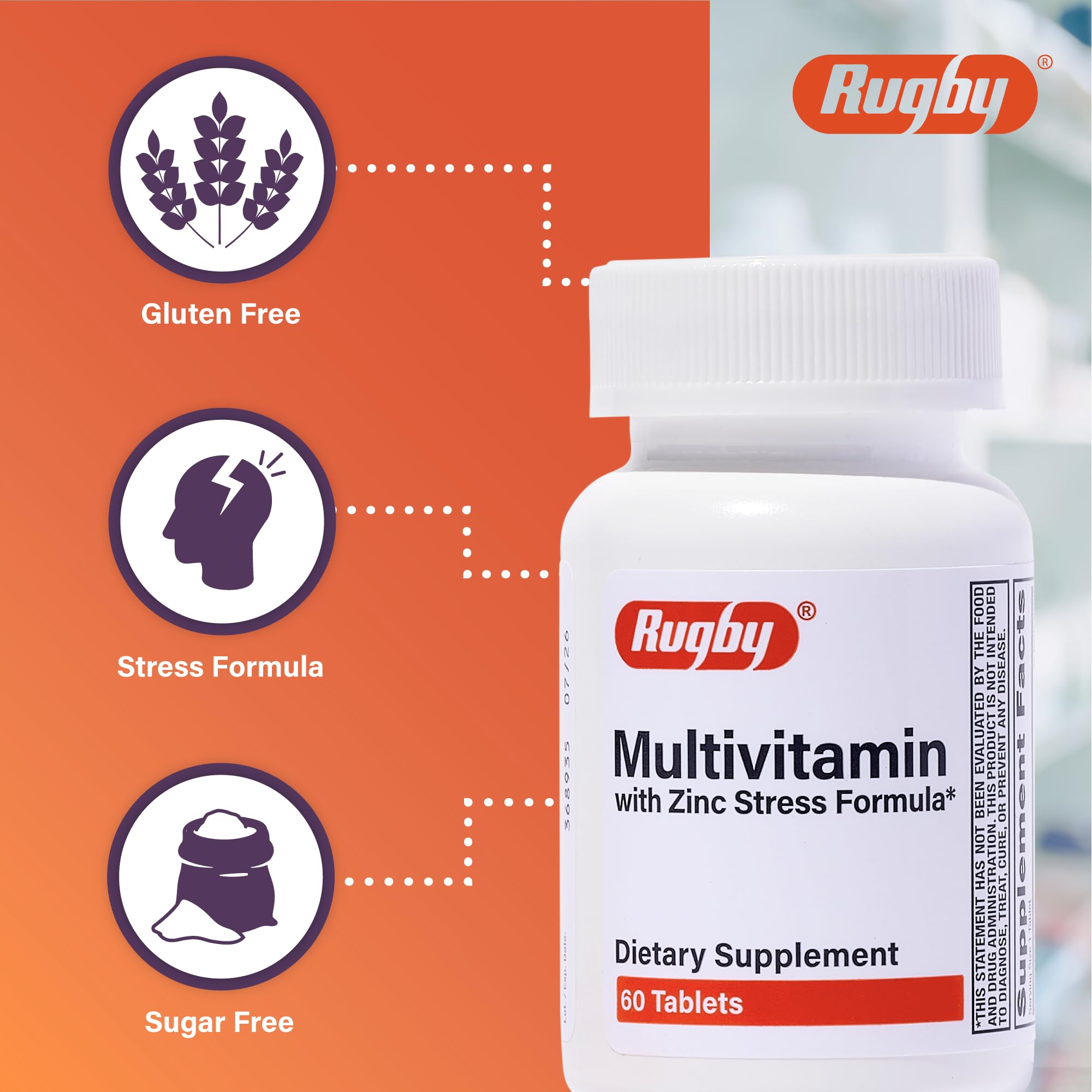 Rugby Multivitamin with Zinc Stress Formula - Dietary Supplement - 60 Tablets