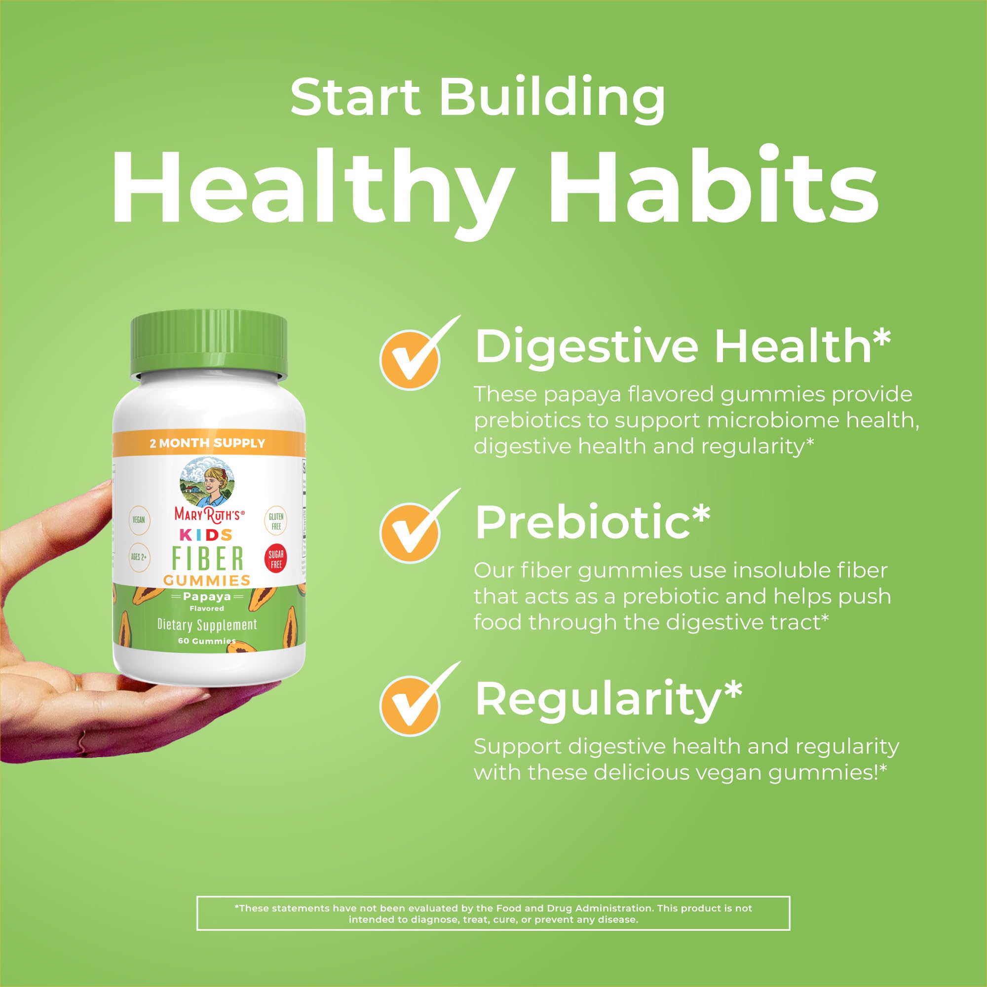 MaryRuth Organics Nutritional Supplement, 2 Month Supply, Sugar Free, Prebiotic, for Kids Ages 2+, Gut Health and Digestion Support, 3g Soluble Fiber Per Gummy, 60 Count