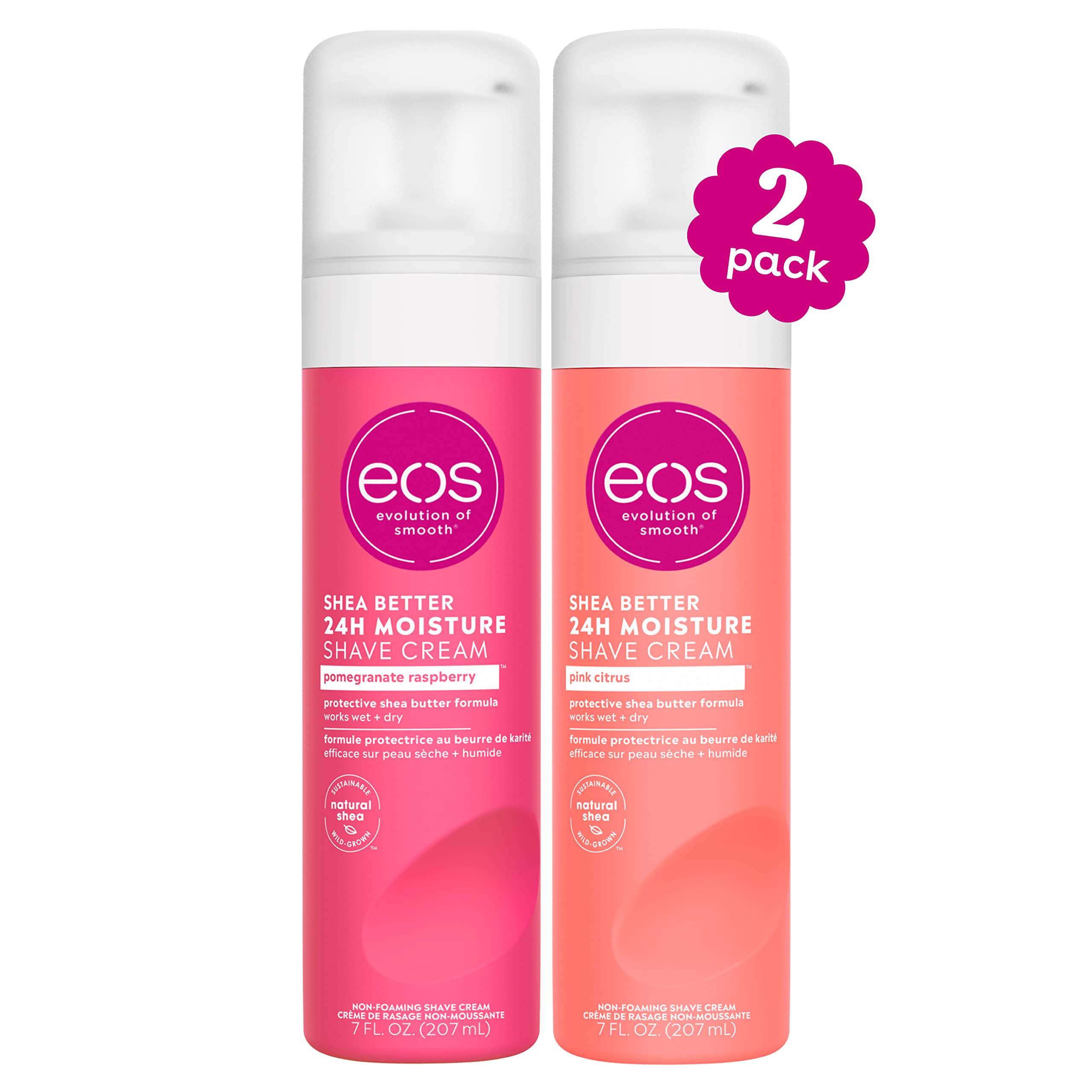 eos Shea Better Shaving Cream for Women - Variety Pack: Pomegranate Raspberry + Pink Citrus | Shave Cream, Skin Care and Lotion with Shea Butter and Aloe | 24 Hour Hydration | 7 fl oz | Pack of 2