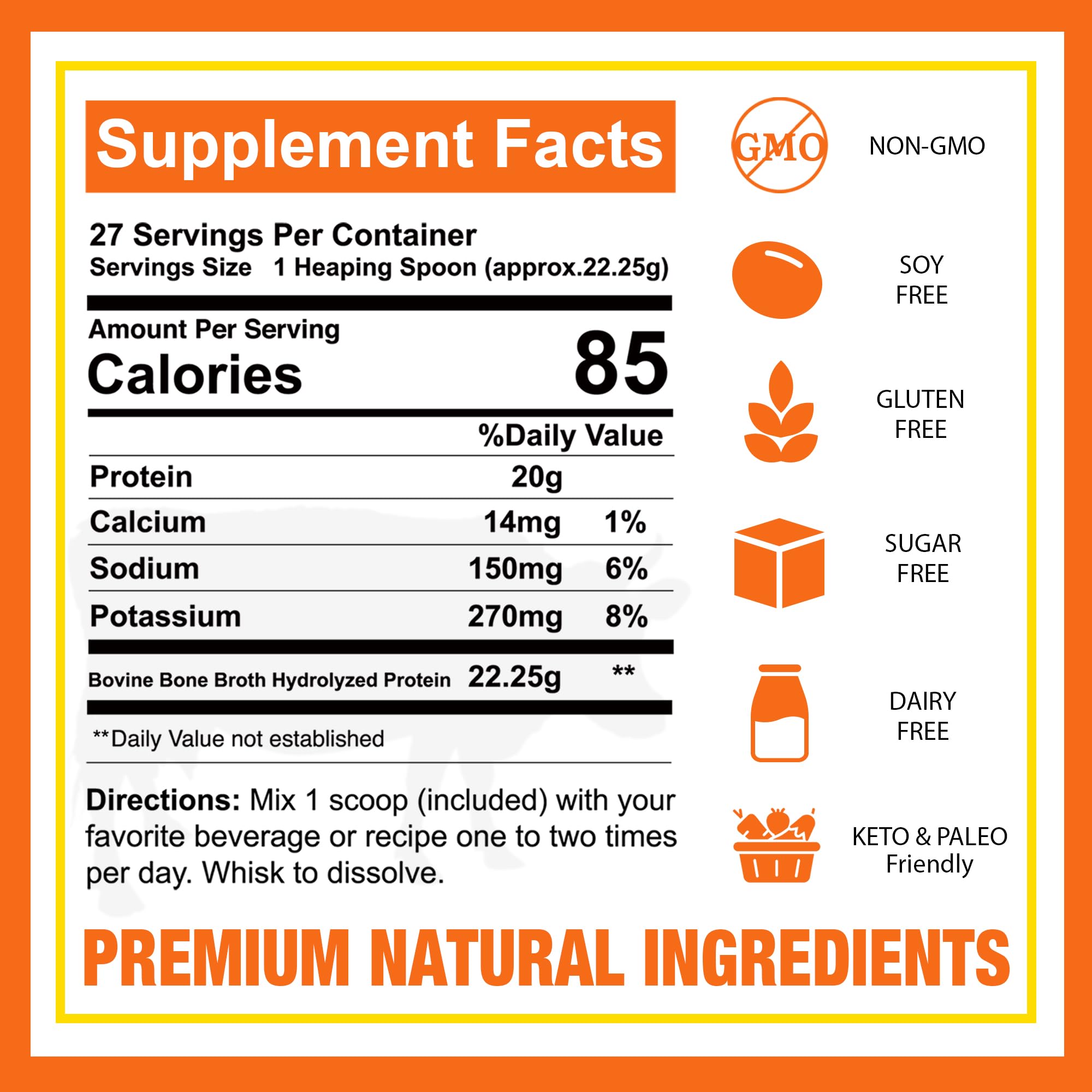 Zammex Pure Grass Fed Beef Bone Broth Protein Powder,20g Protein, Hydrolyzed Collagen Supplement for Healthy Skin,Nails,Hair,Joints, Non-GMO,Gluten Free,Paleo & Keto Friendly, Great in Soup