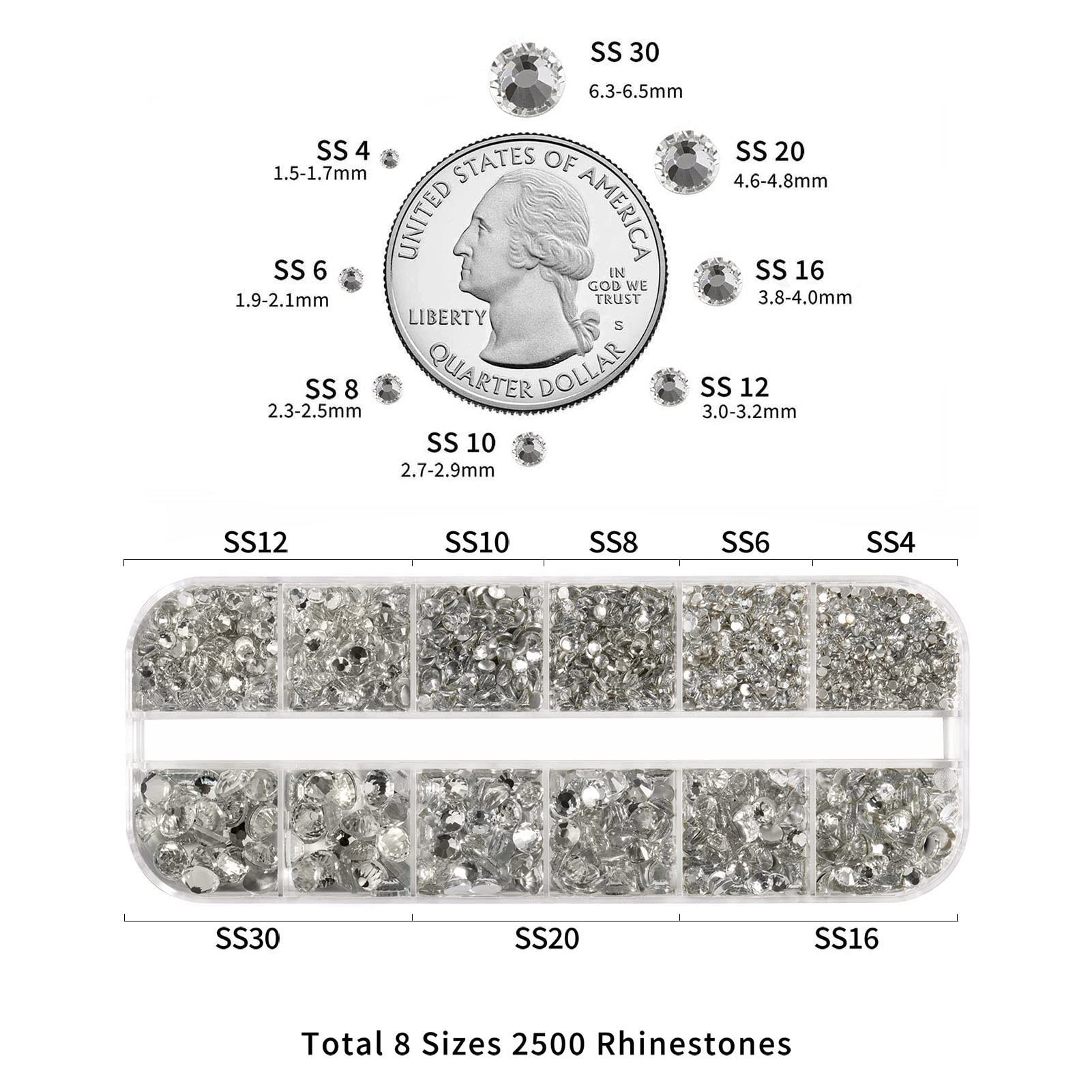 Beadsland Rhinestones for Makeup,8 Sizes 2500pcs Crystal Flatback Rhinestones Face Gems for Nails Crafts with Tweezers and Wax Pencil,Clear,SS4-SS30