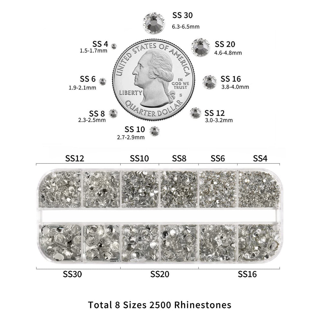 Beadsland Rhinestones for Makeup,8 Sizes 2500pcs Crystal Flatback Rhinestones Face Gems for Nails Crafts with Tweezers and Wax Pencil,Clear,SS4-SS30