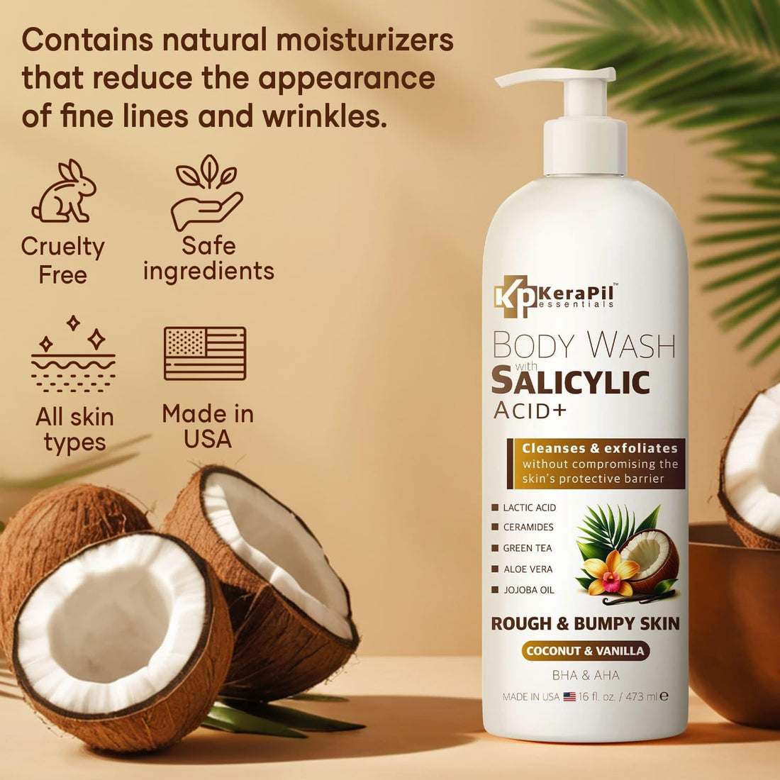 KERAPIL Exfoliating Body Wash with Salicylic Acid - No Dry Out, Gentle Exfoliates Rough and Bumpy Skin, Body Acne Wash, BHA & AHA - Coconut and Vanilla Salicylic Acid Body Wash - (16 fl oz x 2)