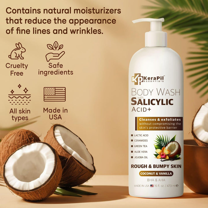 KERAPIL Exfoliating Body Wash with Salicylic Acid - No Dry Out, Gentle Exfoliates Rough and Bumpy Skin, Body Acne Wash, BHA & AHA - Coconut and Vanilla Salicylic Acid Body Wash - (16 fl oz x 2)