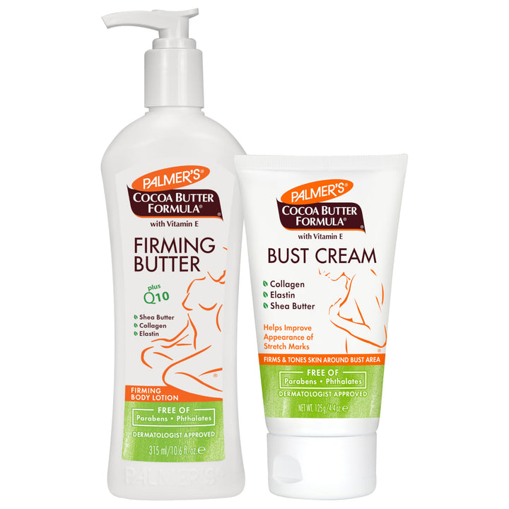 Palmer's Postpartum Skin Care Bundle - Cocoa Butter Set includes Firming Butter Body Lotion (10.6 fl. oz.) and Bust Cream (4.4 oz.), Pregnancy Essentials with Shea Butter, Elastin, Vitamin E & Co Q10