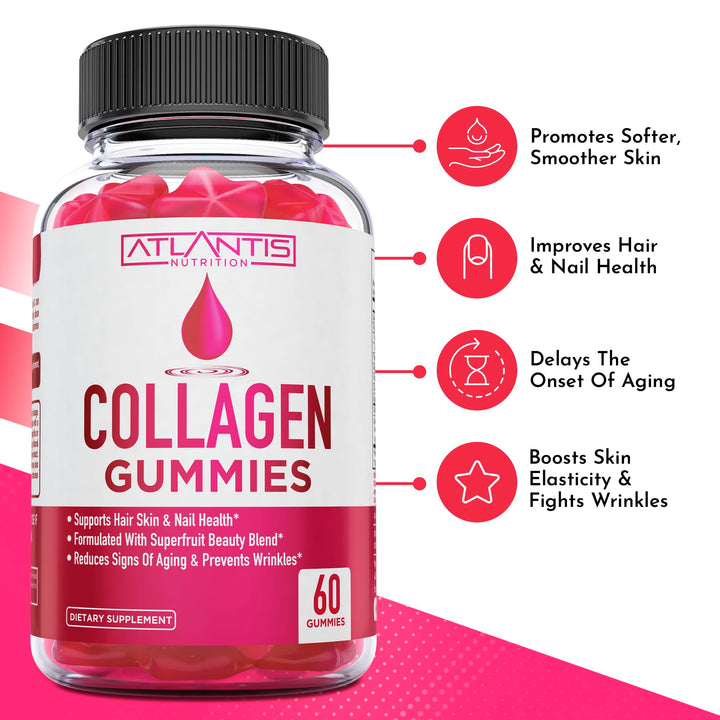 Atlantis Nutrition Collagen Peptides Gummies for Women - Formulated with Type I & III - Vitamin & Superfruit Beauty Blend - Formulated to Support Hair, Nail & Skin Health | 60 Count