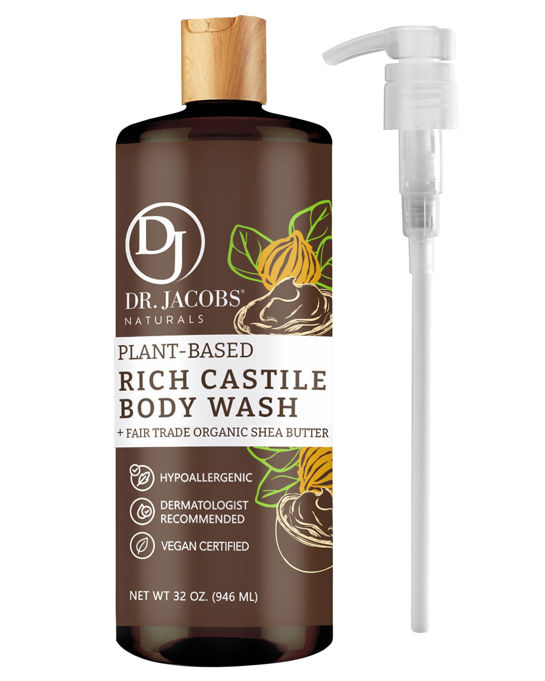 Dr. Jacobs Naturals Castile Shea Butter All-Natural Body Wash for Moisturizing Dry and Sensitive Skin with Plant-Based Ingredients with Pump - 32 Ounce
