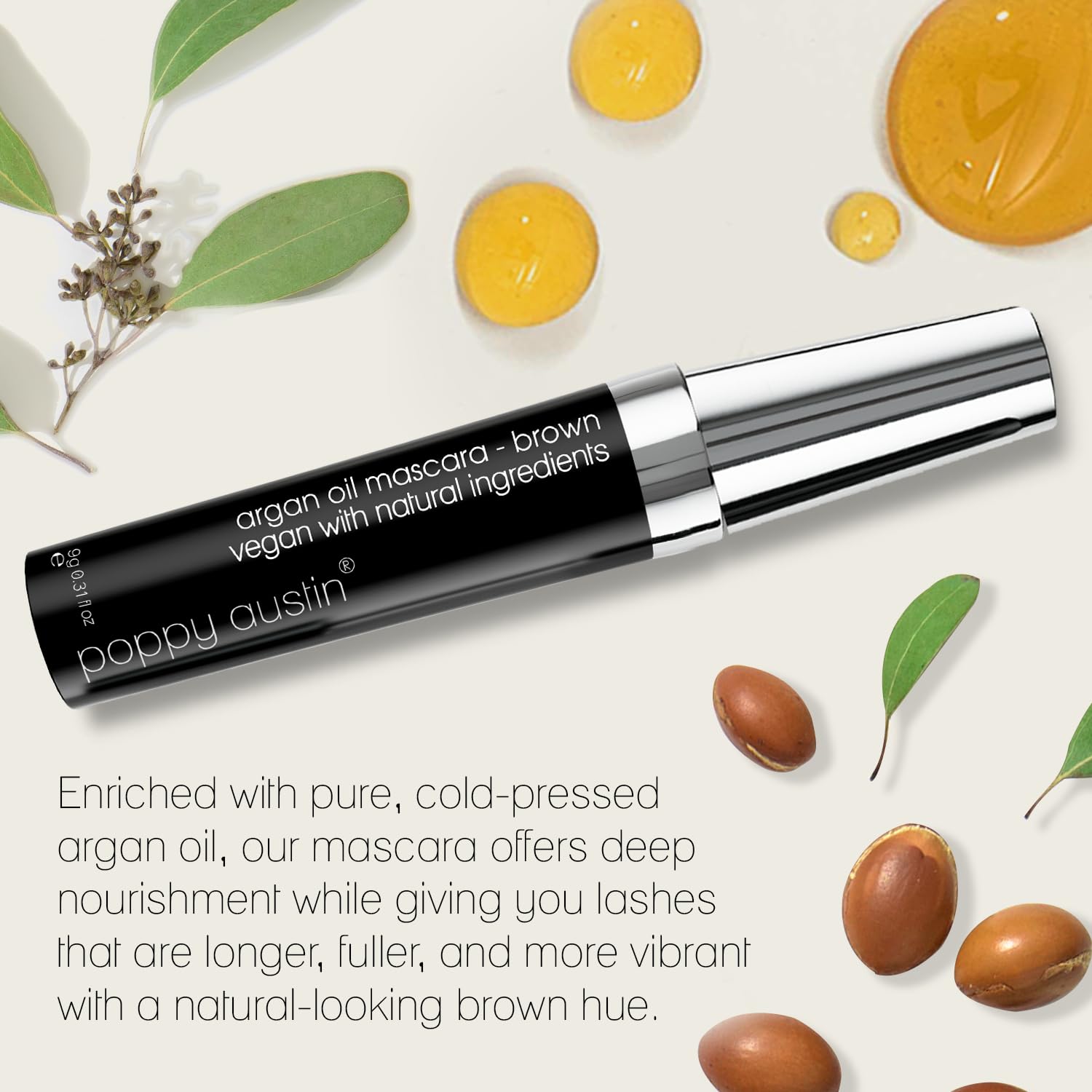 Poppy Austin Organic Mascara, Natural, Vegan, Paraben-Free, Cruelty-Free - Hypoallergenic Mascara Lengthening & Volumizing with Argan Oil - 0.31 Fl Oz (Brown)