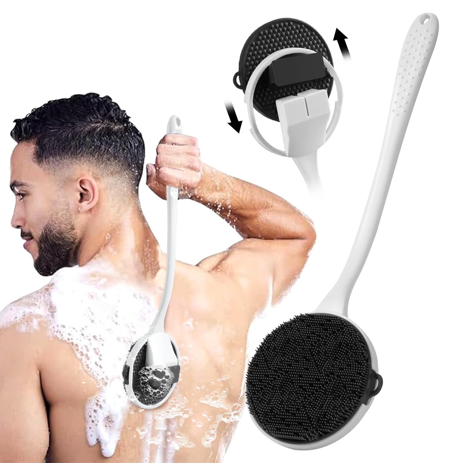 MIHJVLIFE - Silicone Back Scrubber for Shower - 16'' Detachable Long Handle Exfoliating Brush, 2025 Upgrade Loop Fin Bristles Body Brush, Deep Cleansing for All Skin, Back Washer for Men and Women