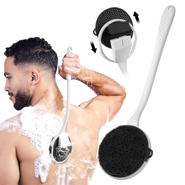 MIHJVLIFE - Silicone Back Scrubber for Shower - 16'' Detachable Long Handle Exfoliating Brush, 2025 Upgrade Loop Fin Bristles Body Brush, Deep Cleansing for All Skin, Back Washer for Men and Women