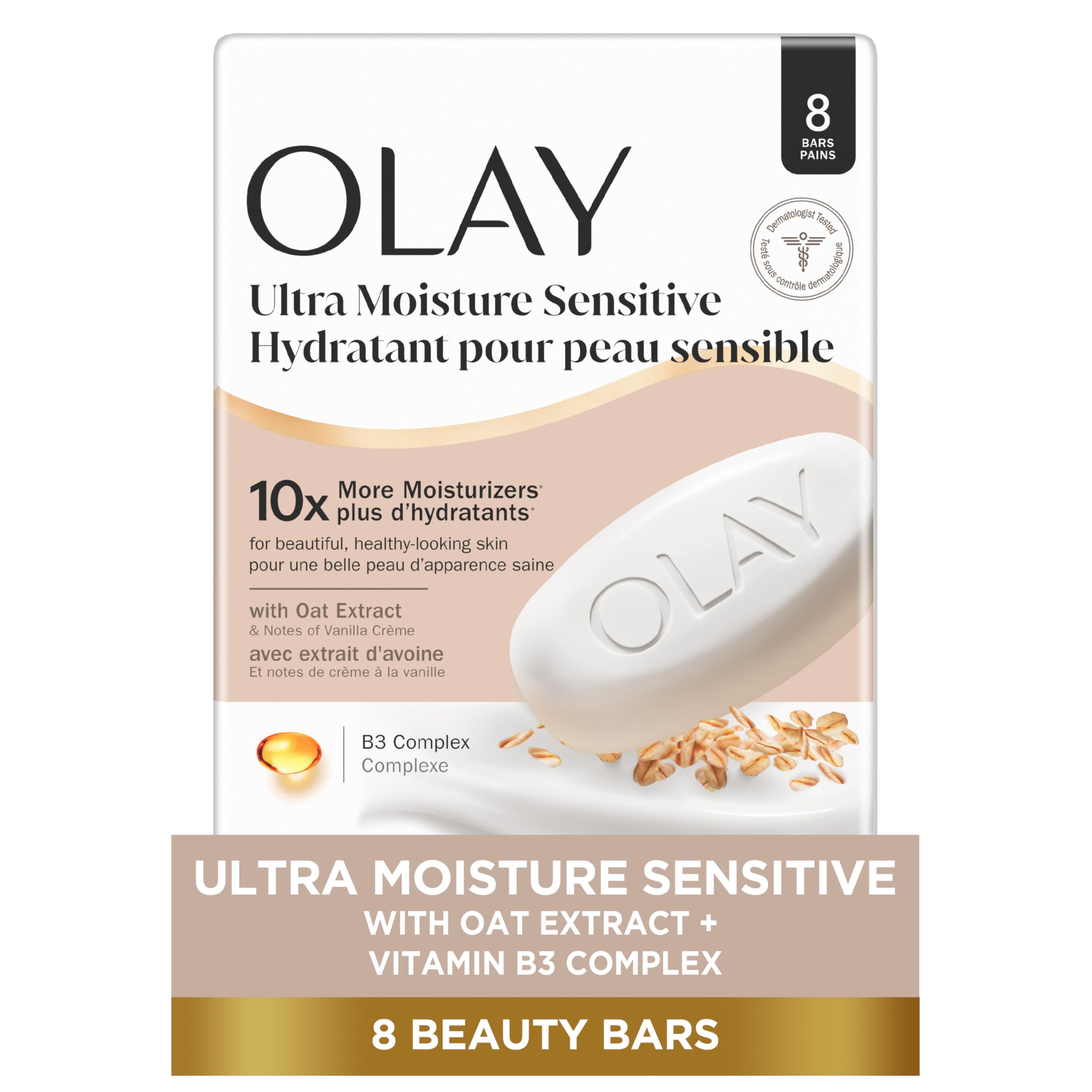 Olay Ultra Moisture Beauty Bar for Sensitive Skin with Oat Extract, 10x More Moisturizers & Skin Conditioners, Gentle on Skin, Vitamin B3 Complex, Vanilla Crème Scent, 3.17 oz (Pack of 8)