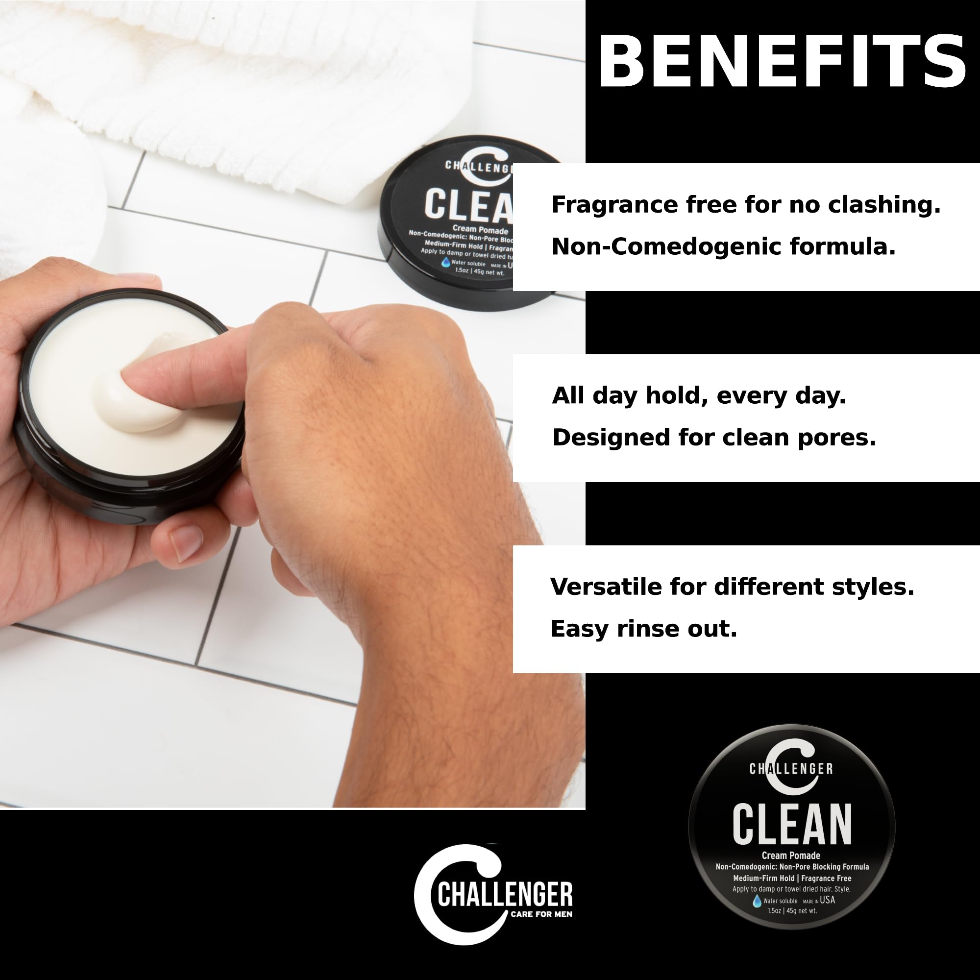 New Matte Cream Pomade - Non-Comedogenic, Fragrance Free - Challenger Clean 3oz - Medium Firm Hold - Non-Pore Blocking, Shine Free, Water Based, Travel Friendly. Hair Wax, Fiber, Paste in 1 (1.5OZ)