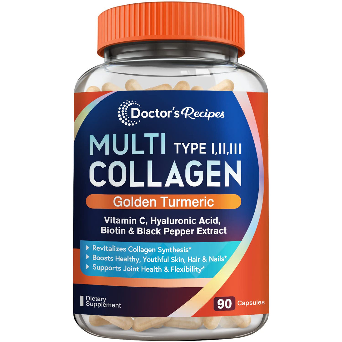 Doctor's Recipes Multi Collagen Peptides with Golden Turmeric, Vitamin C, Biotin, Hyaluronic Acid & Black Pepper, Collagen Supplements for Skin, Hair, Nail & Joint, Collagen for Women and Men, 90 Caps