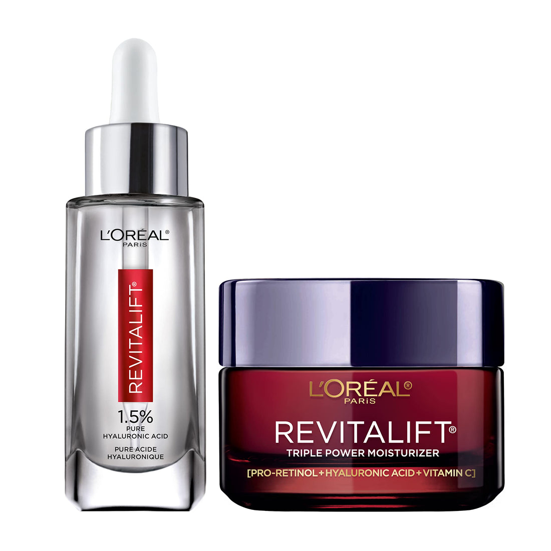 L'OREAL PARIS Revitalift 1.5% Pure Hyaluronic Acid Face Serum + Triple Power Anti-Aging Face Moisturizer, 1 kit